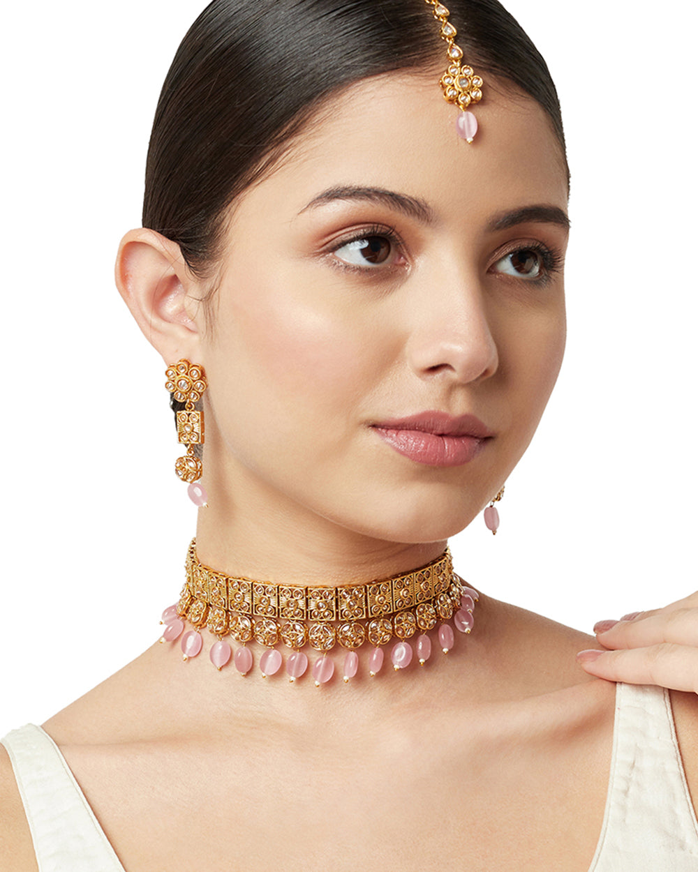 Women's Gold Opulence Choker Style Necklace With Dangling Earrings And Tika - Voylla