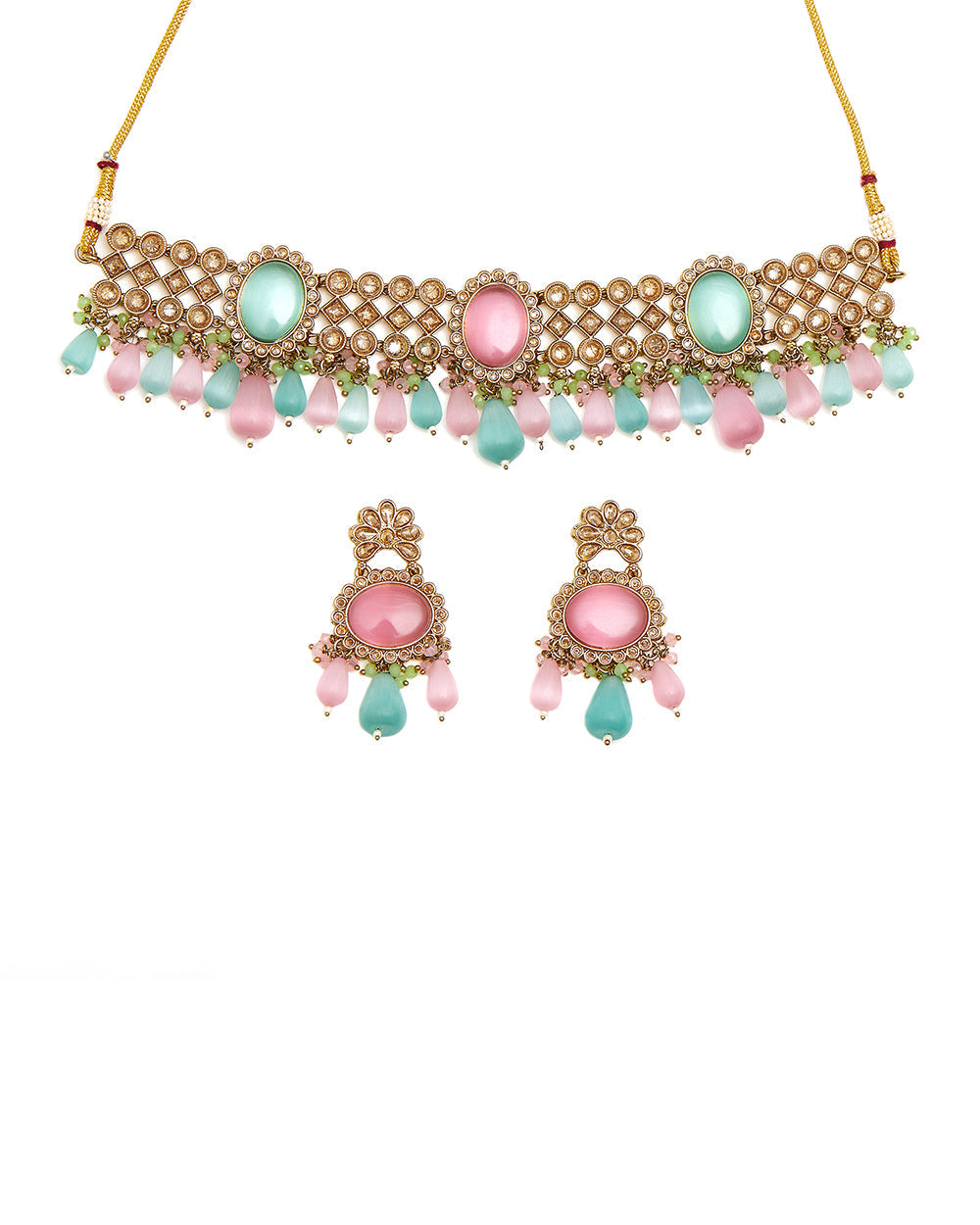 Women's Pink And Blue Gemstones Gold Plated Jewellery Set - Voylla