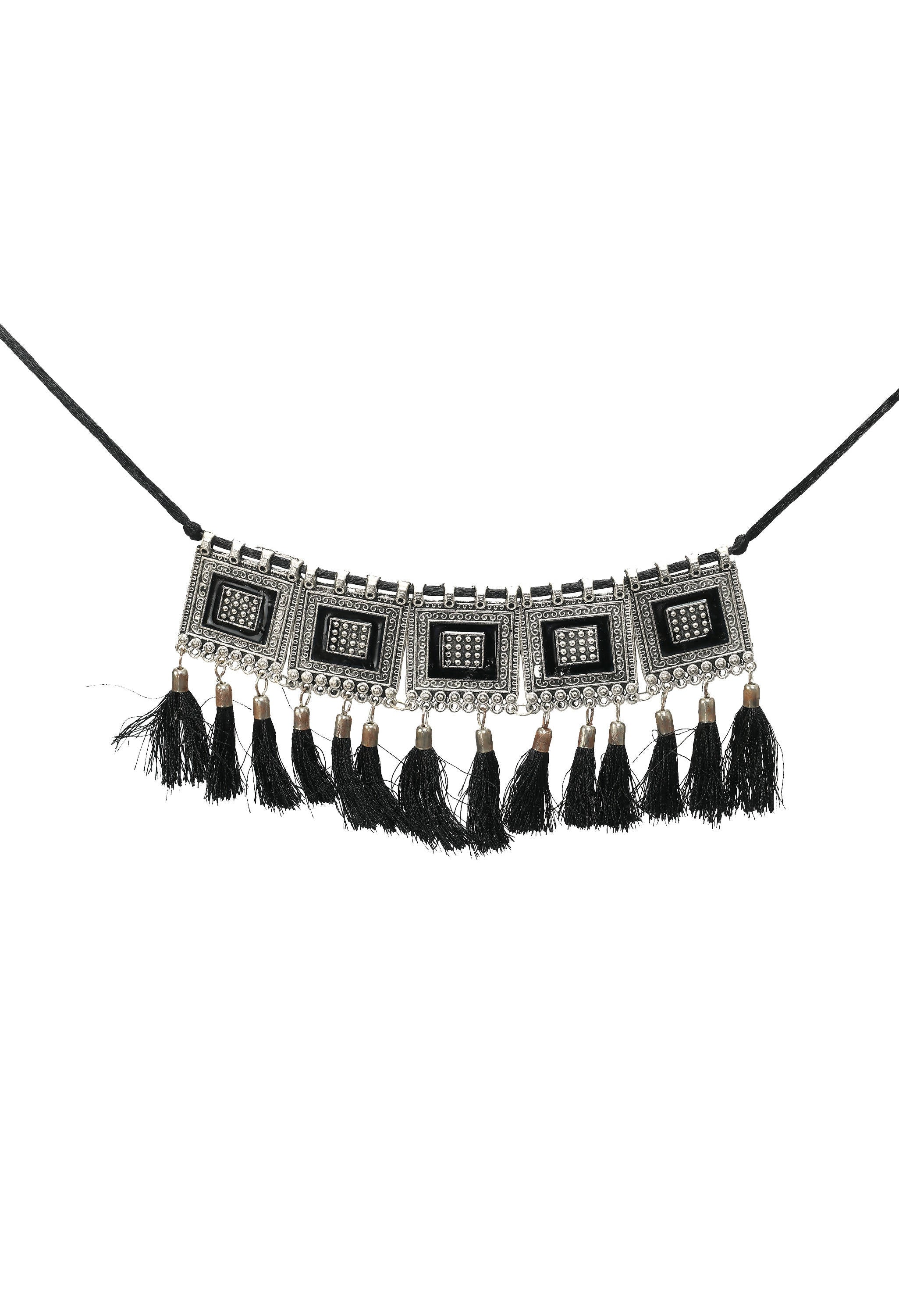 Kamal Johar Choker Necklace Set silver color base with Black yarn design Jkms_136