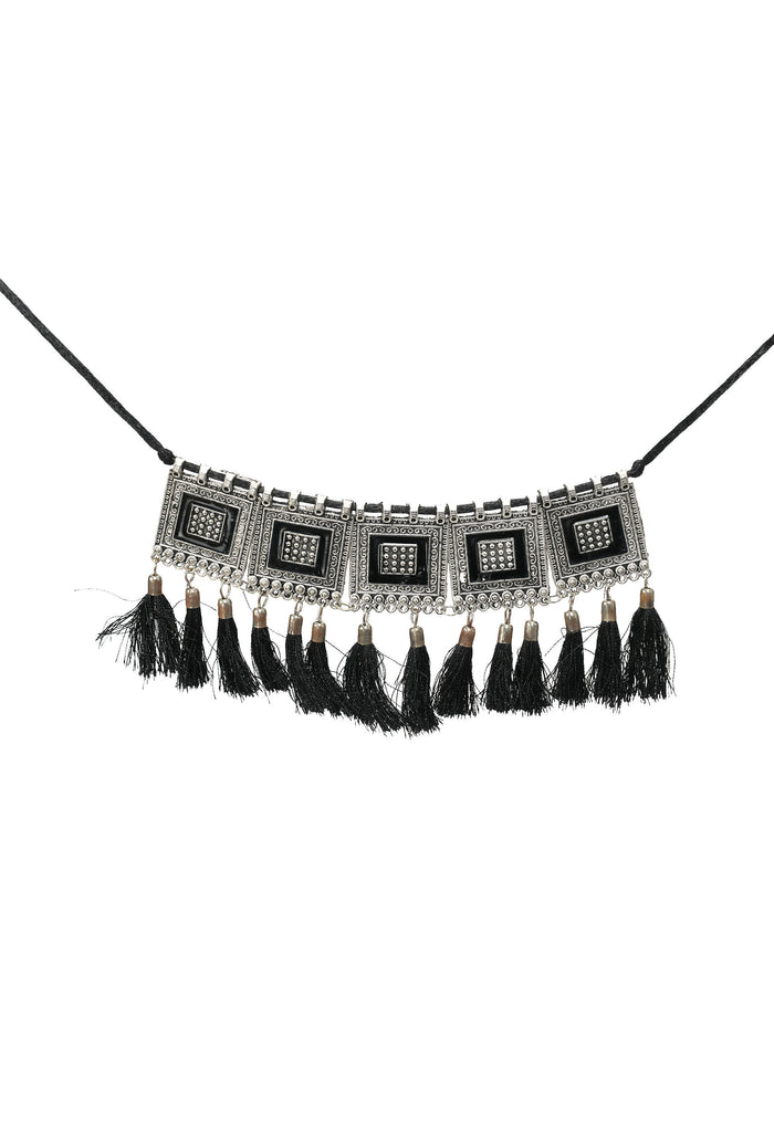 Kamal Johar Choker Necklace Set silver color base with Black yarn d