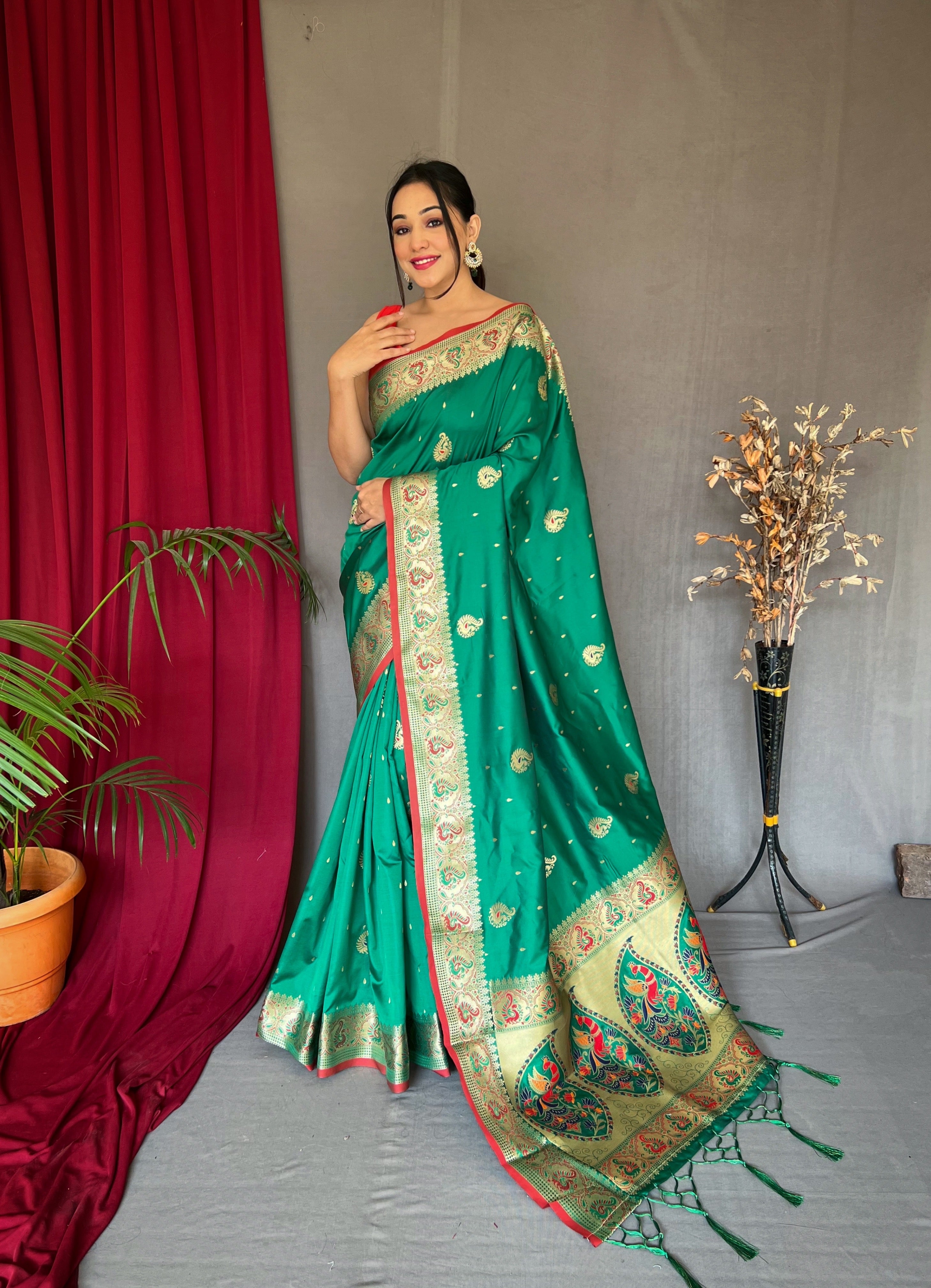 Women's Paithani Silk Meenakari Zari Woven Saree Green - Tasarika