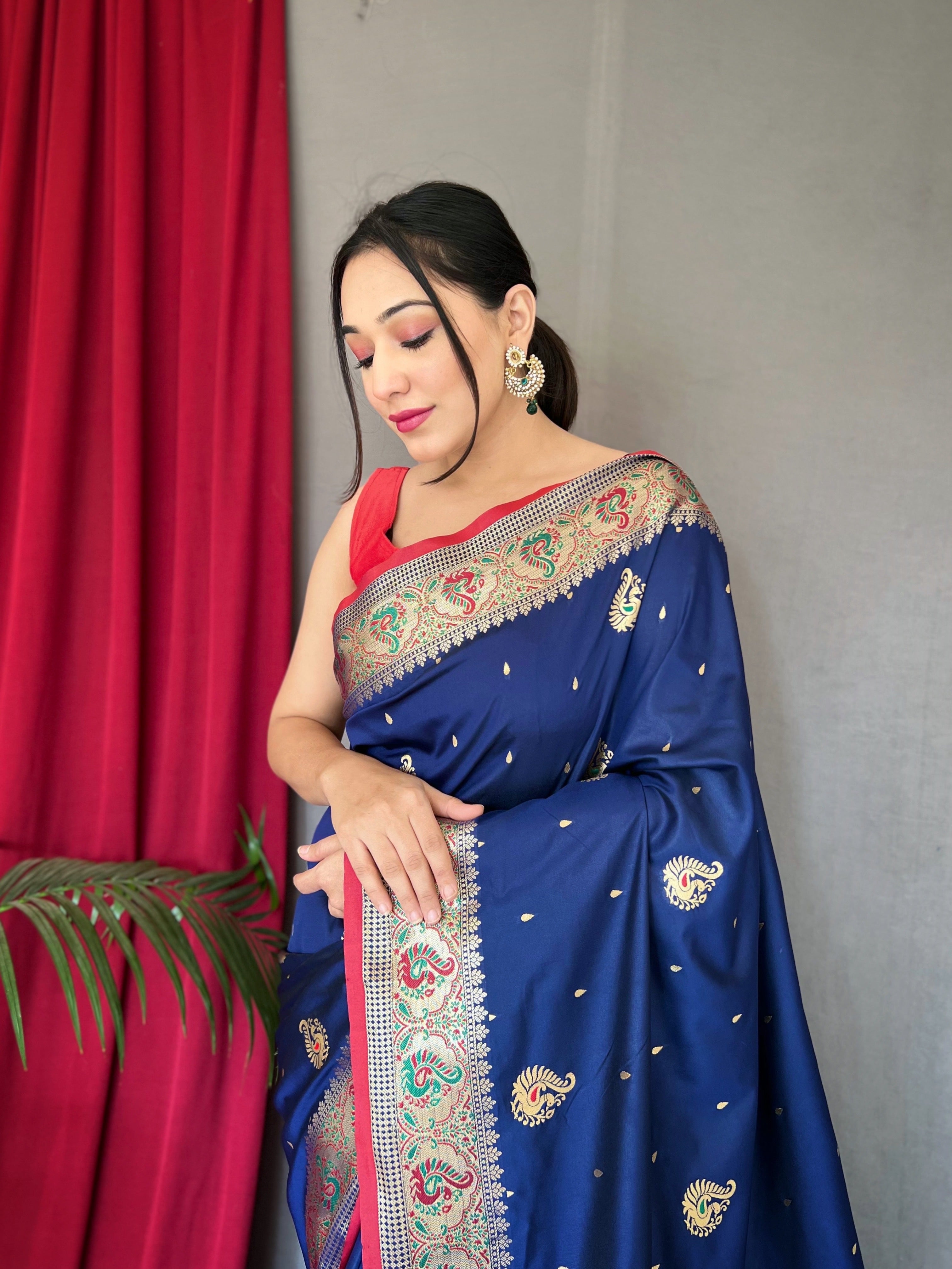 Women's Paithani Silk Meenakari Zari Woven Saree Navy Blue - Tasarika