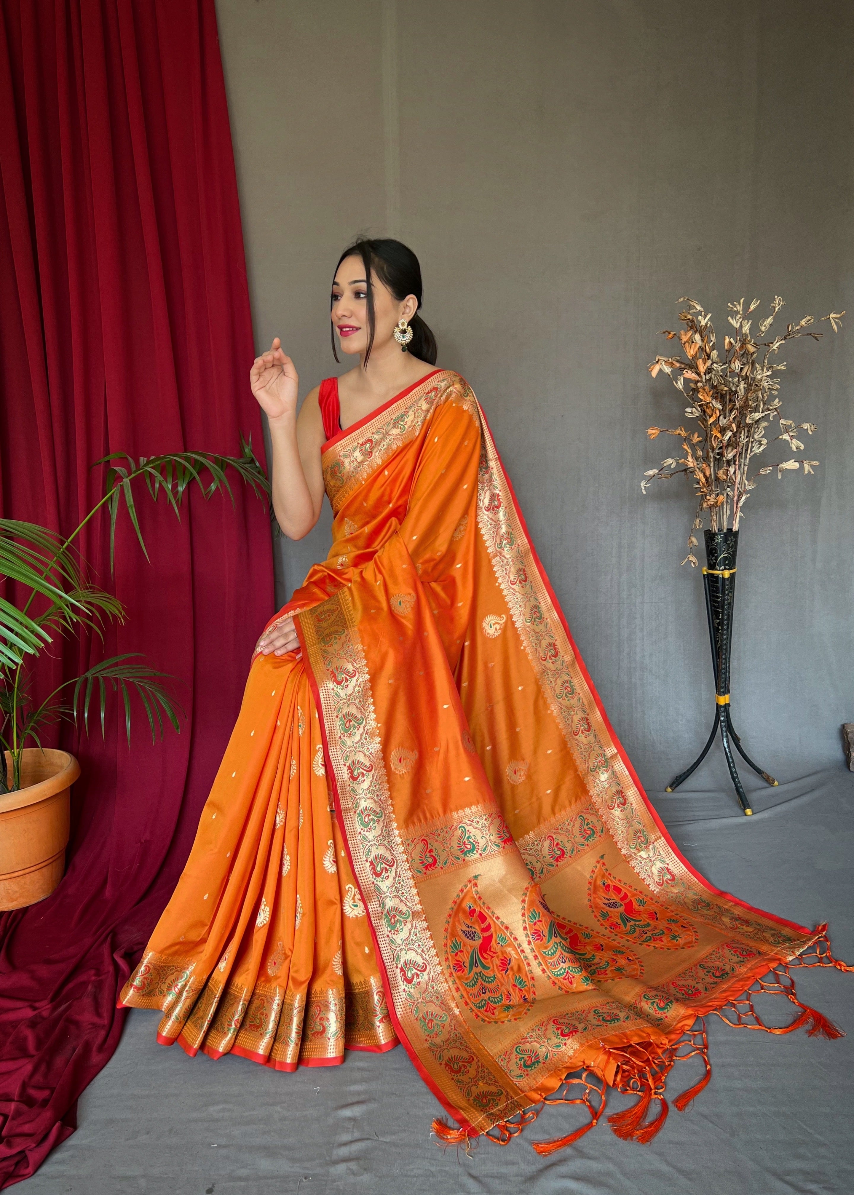 Women's Paithani Silk Meenakari Zari Woven Saree Orange - Tasarika