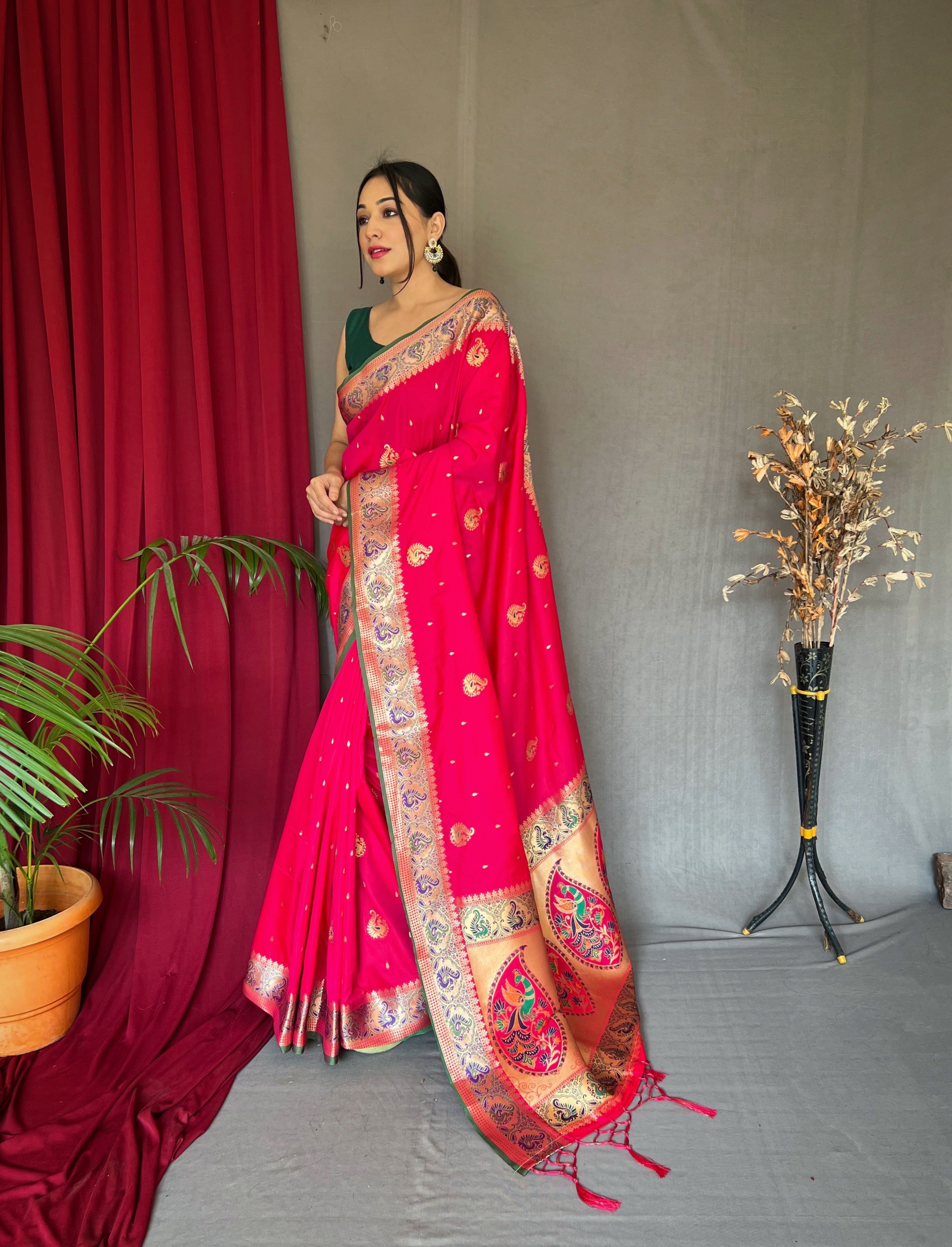 Women's Paithani Silk Meenakari Zari Woven Saree Pink - Tasarika