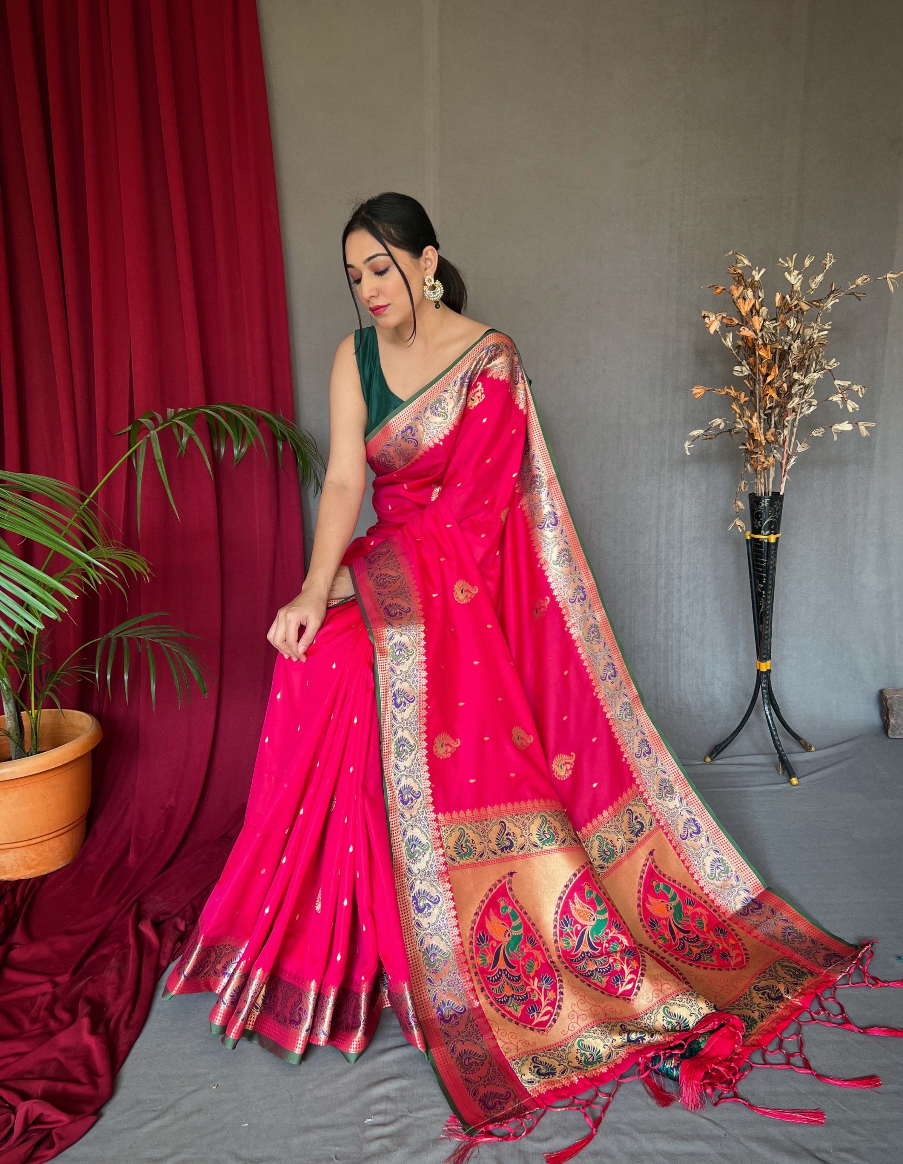 Women's Paithani Silk Meenakari Zari Woven Saree Pink - Tasarika