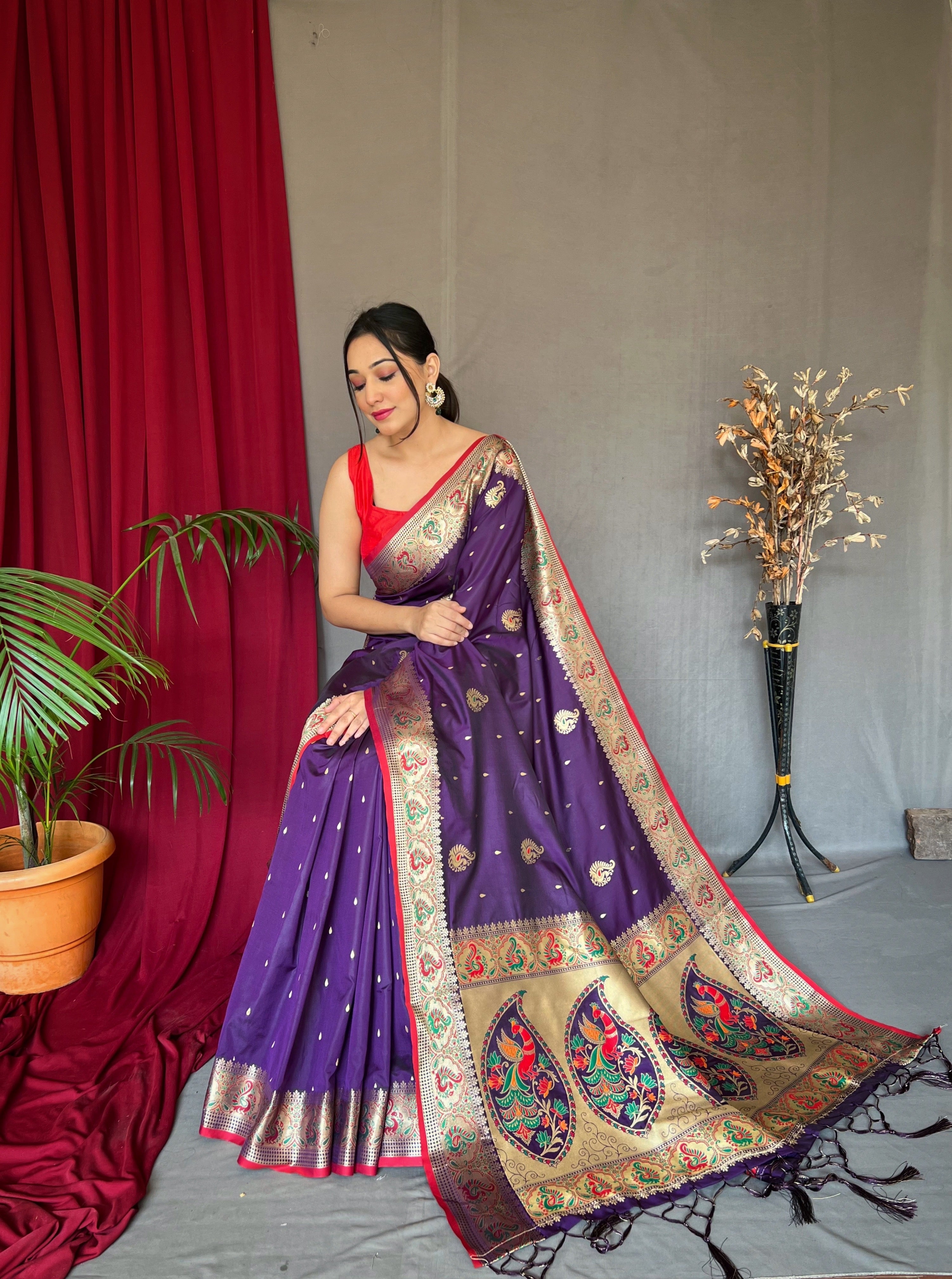Women's Paithani Silk Meenakari Zari Woven Saree Purple - Tasarika