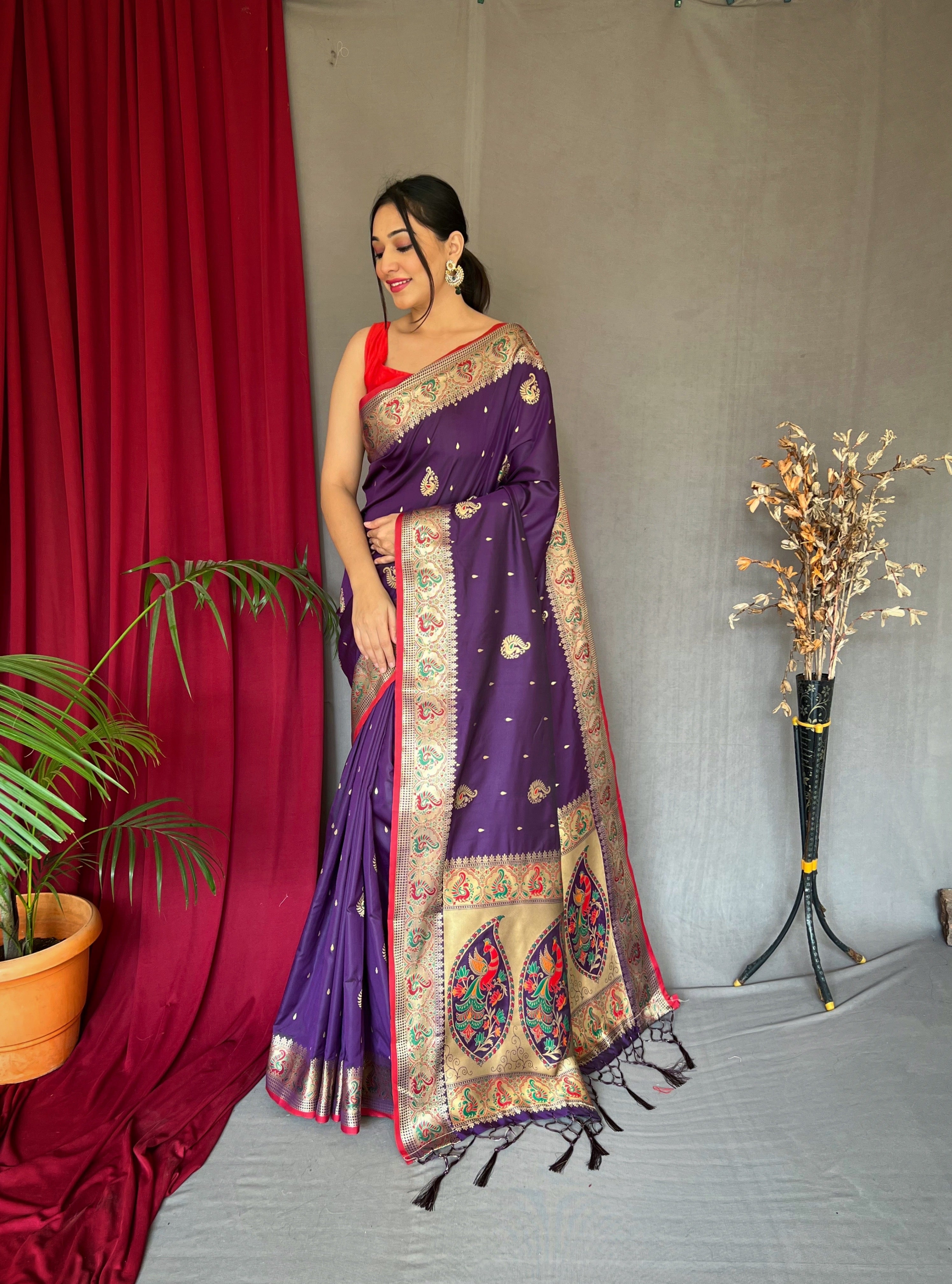 Women's Paithani Silk Meenakari Zari Woven Saree Purple - Tasarika