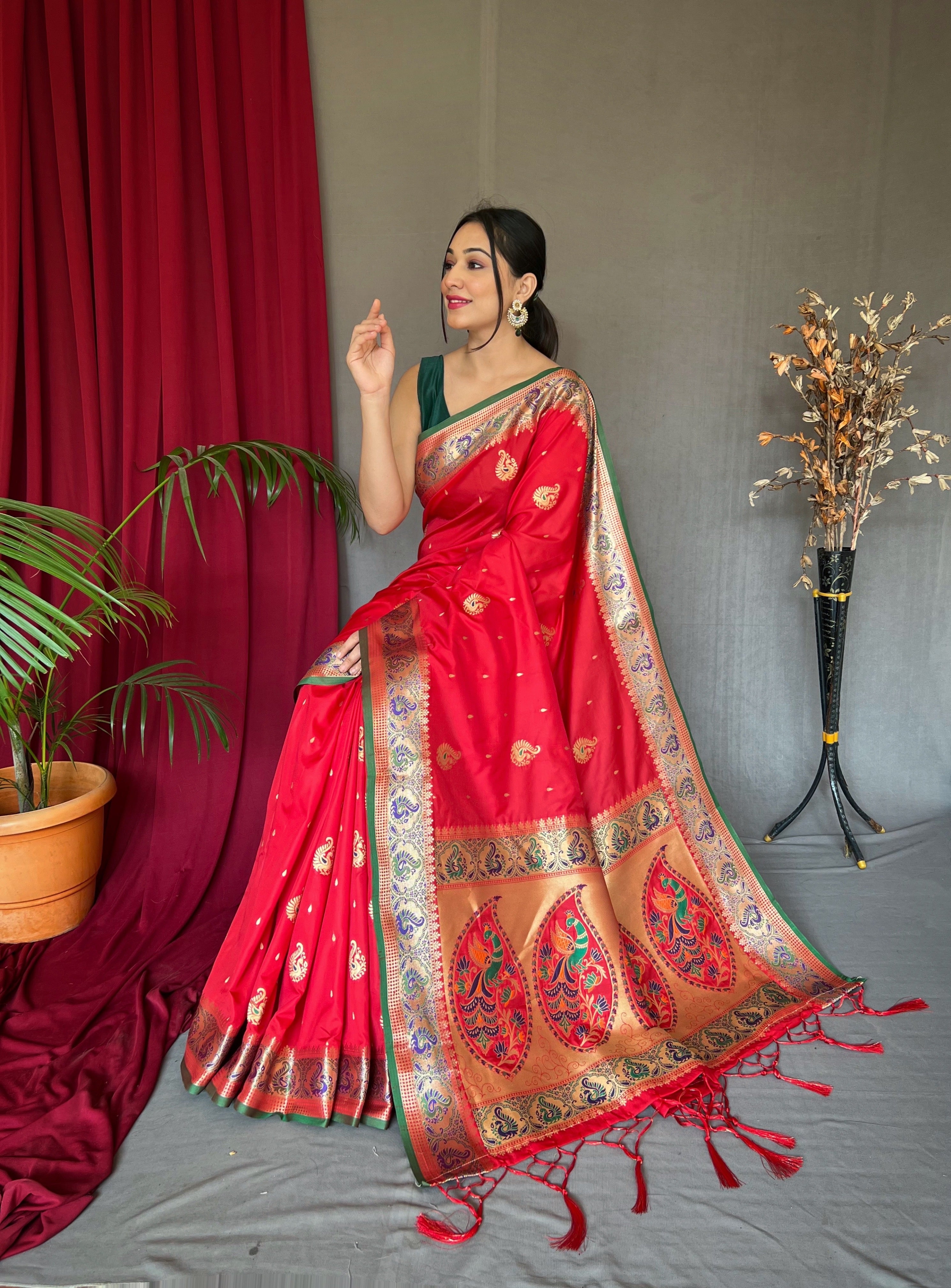 Women's Paithani Silk Meenakari Zari Woven Saree Red - Tasarika
