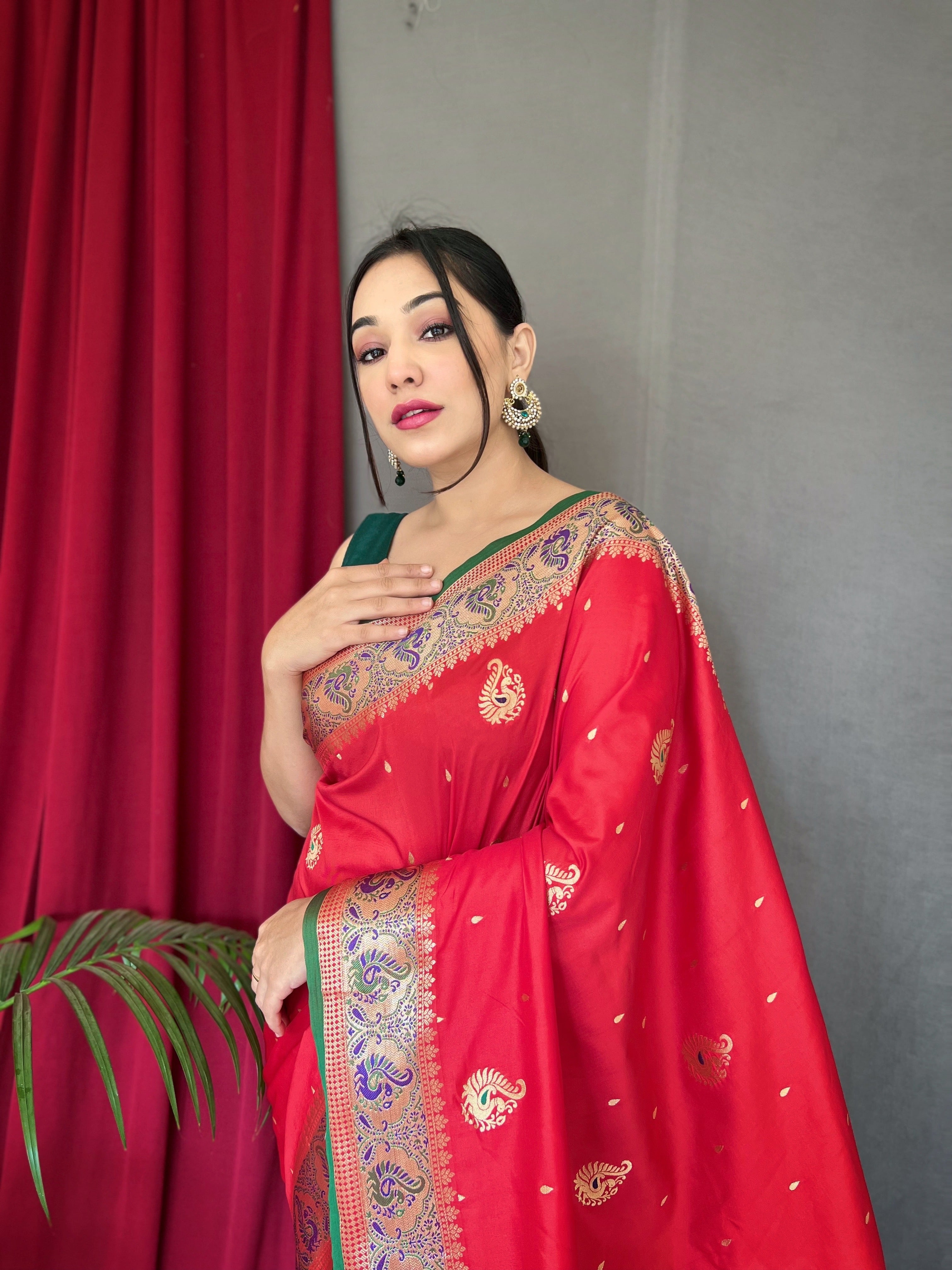 Women's Paithani Silk Meenakari Zari Woven Saree Red - Tasarika