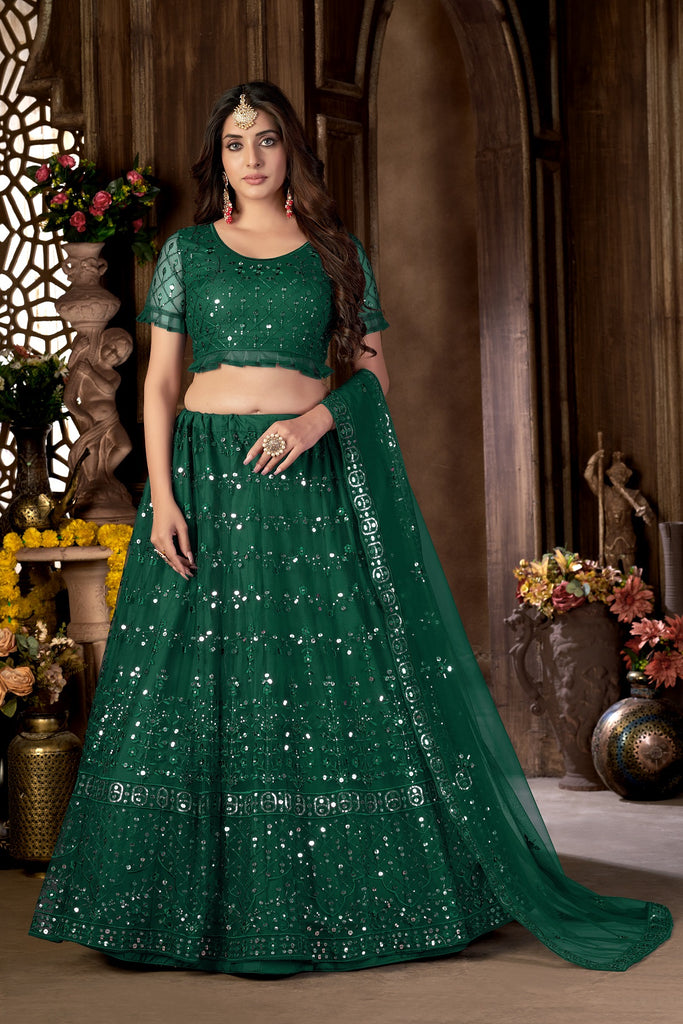 Women's Green Net Heavy Multi Embroidered Lehenga Choli Set