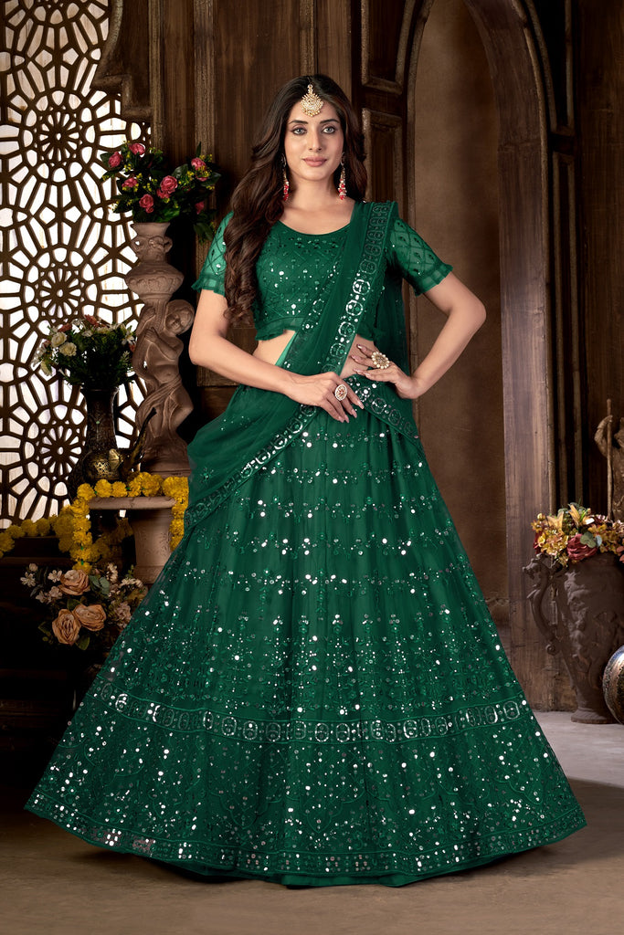 Women's Green Net Heavy Multi Embroidered Lehenga Choli Set