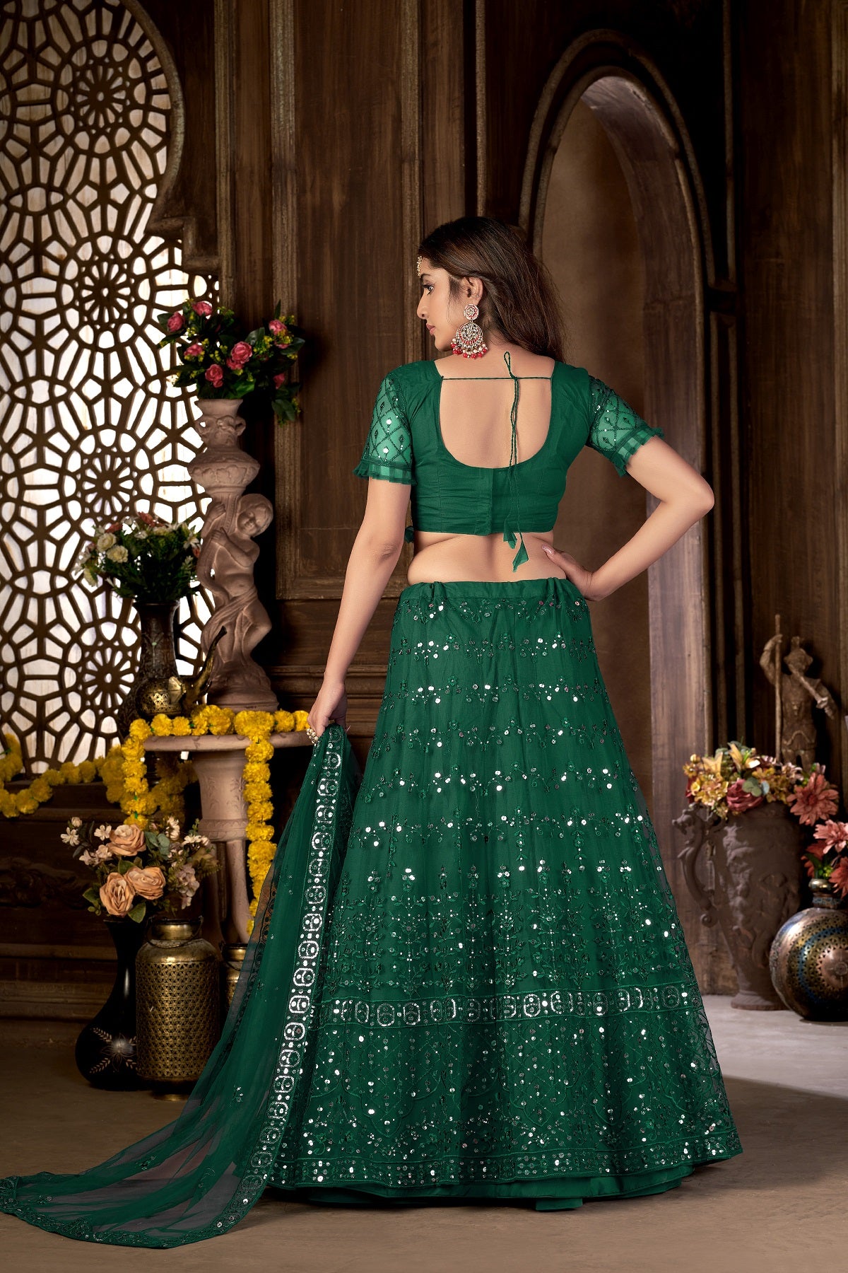 Women's Green Net Heavy Multi Embroidered Lehenga Choli Set - Dwija Fashion