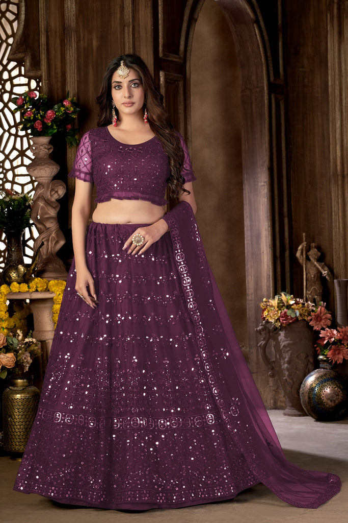 Women's Purple Net Heavy Multi Embroidered Lehenga Choli Set