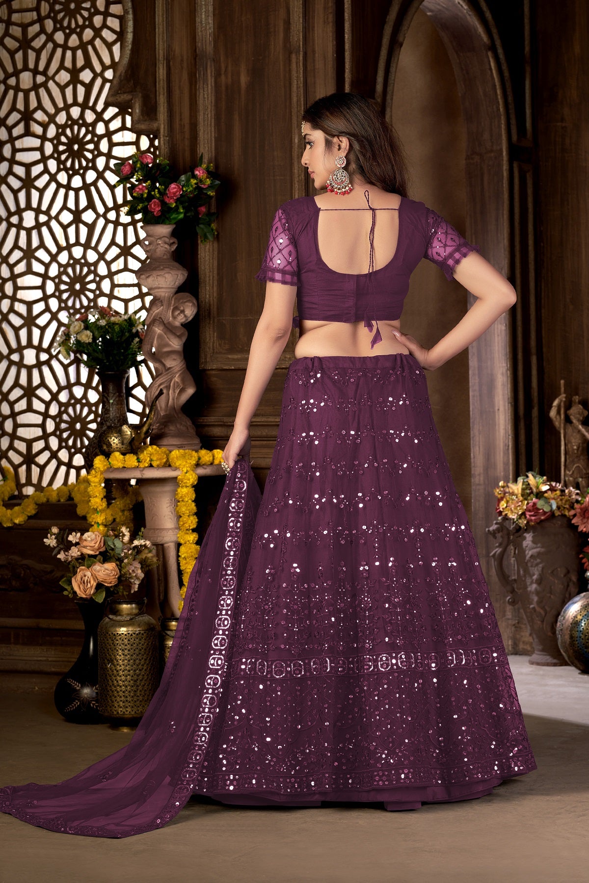 Women's Purple Net Heavy Multi Embroidered Lehenga Choli Set - Dwija Fashion