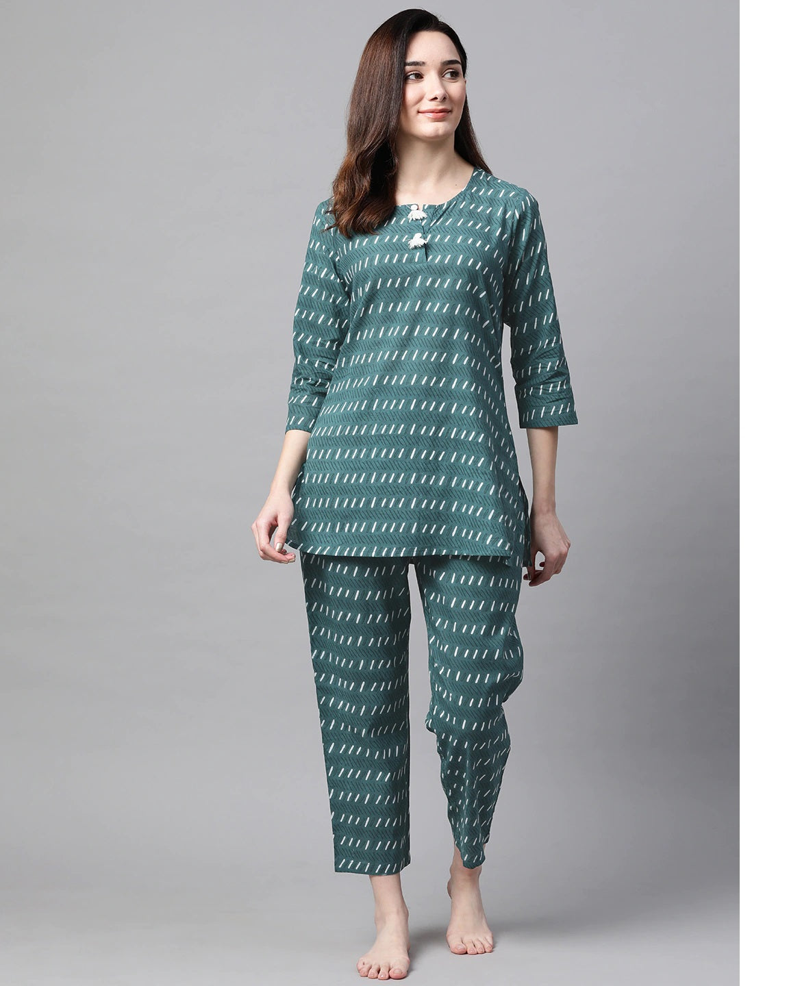 Women's Green & White Printed Night Suit - Meeranshi