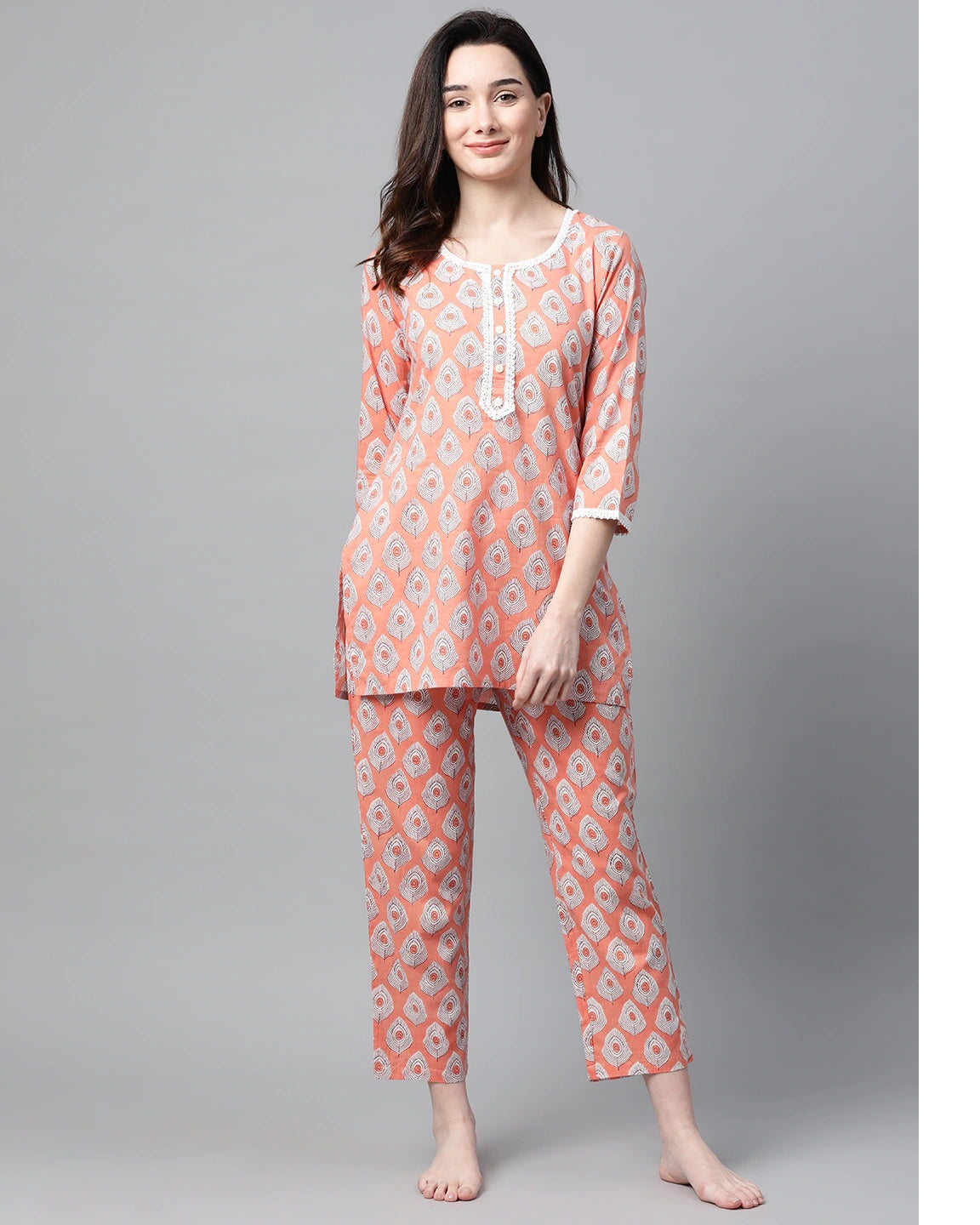 Women's Peach-Coloured Printed Cotton Night suit - Meeranshi