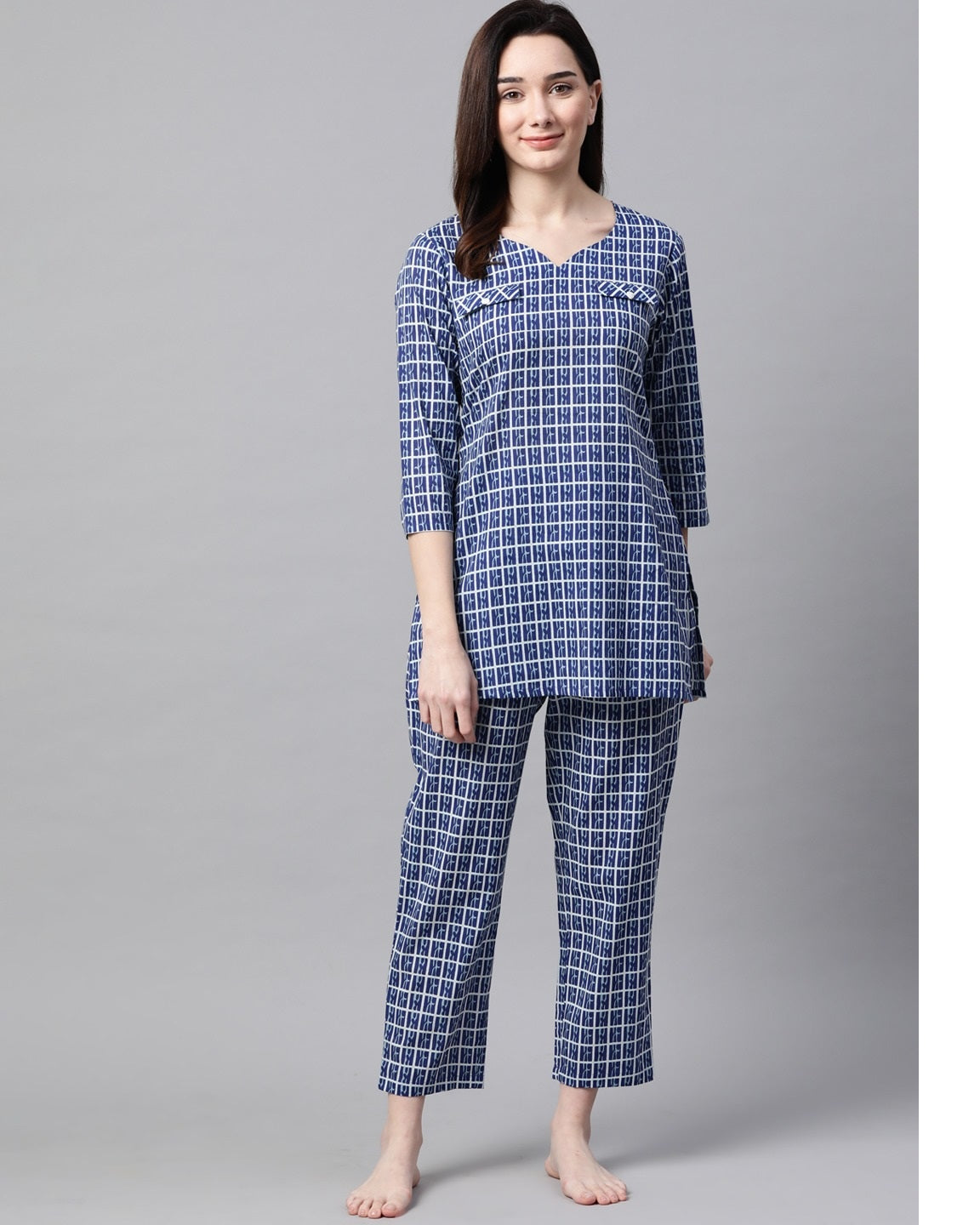 Women's Blue Pure Cotton Printed Night suit - Meeranshi