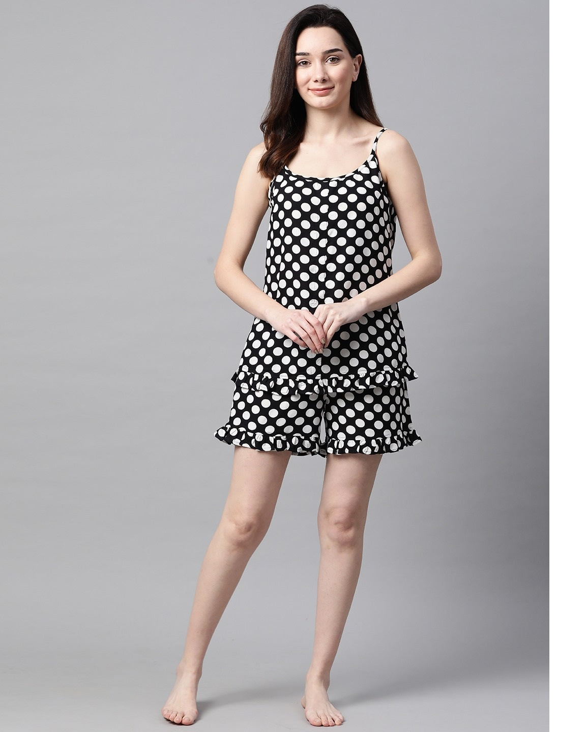 Women's Black and white polka dot Printed Night suit - Meeranshi