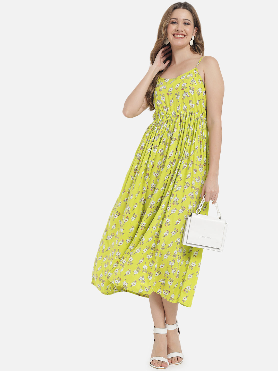 Women's Neon Green Printed long Maxi Dress  - Meeranshi