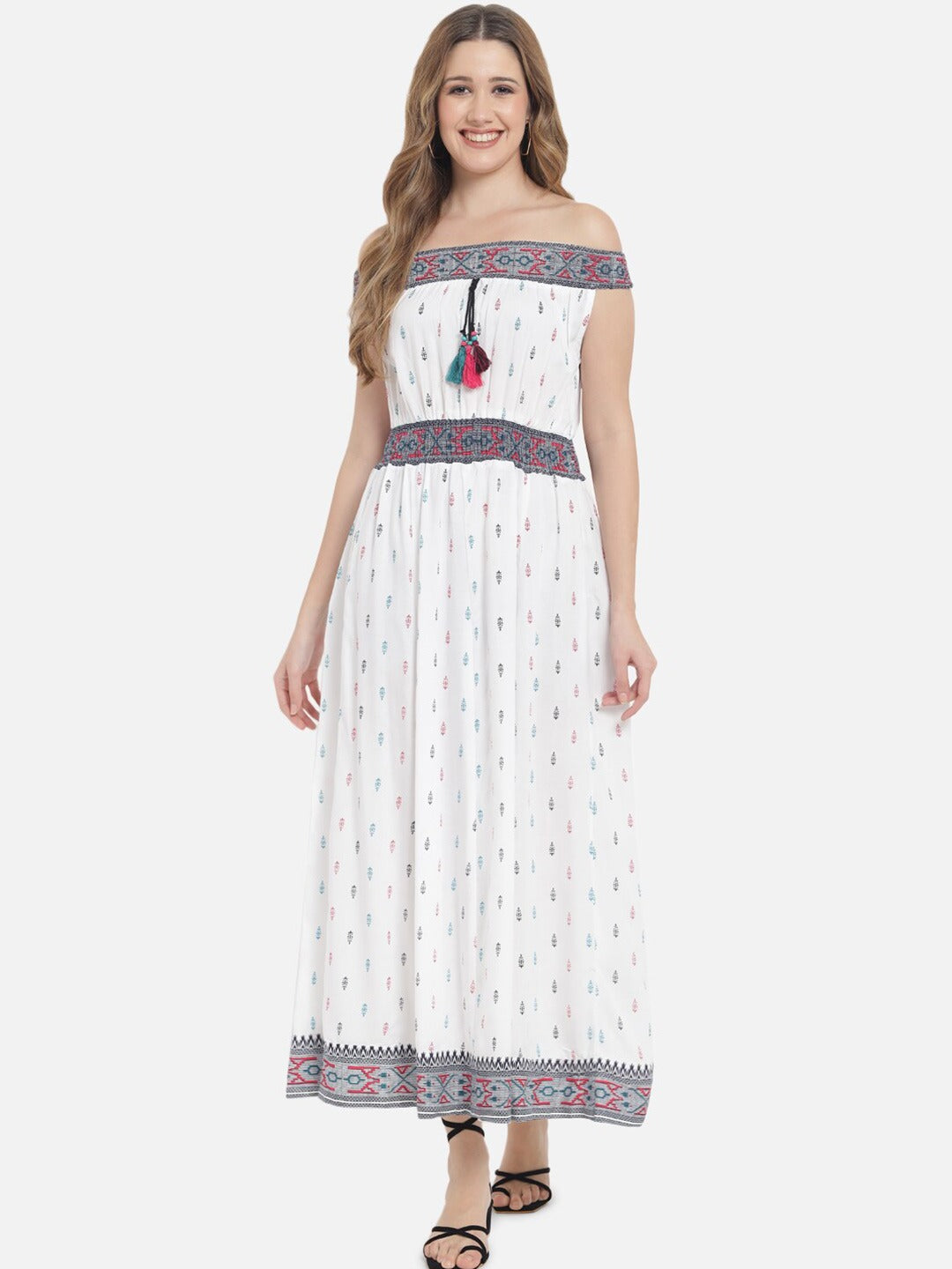 Women's White and Multi colour printed flared maxi dress - Meeranshi