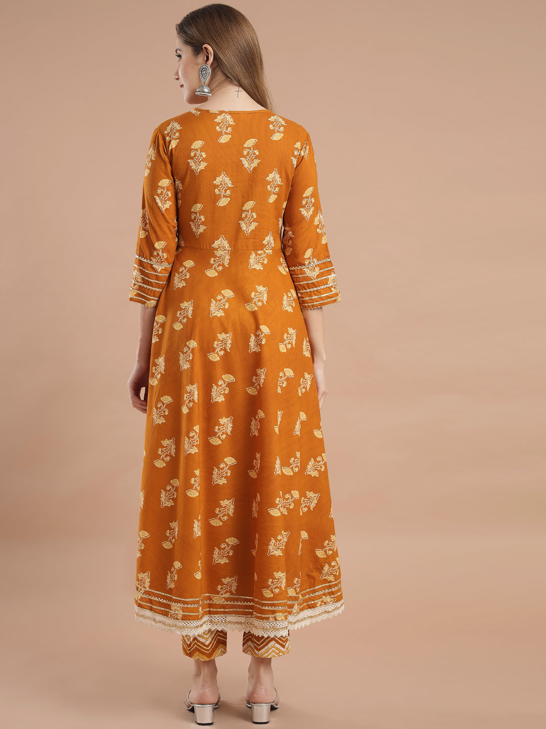 Women's Mustard Yellow Ethnic Motifs Embroidered Pleated Gotta Patti Pure Cotton Kurta With Trousers - Meeranshi