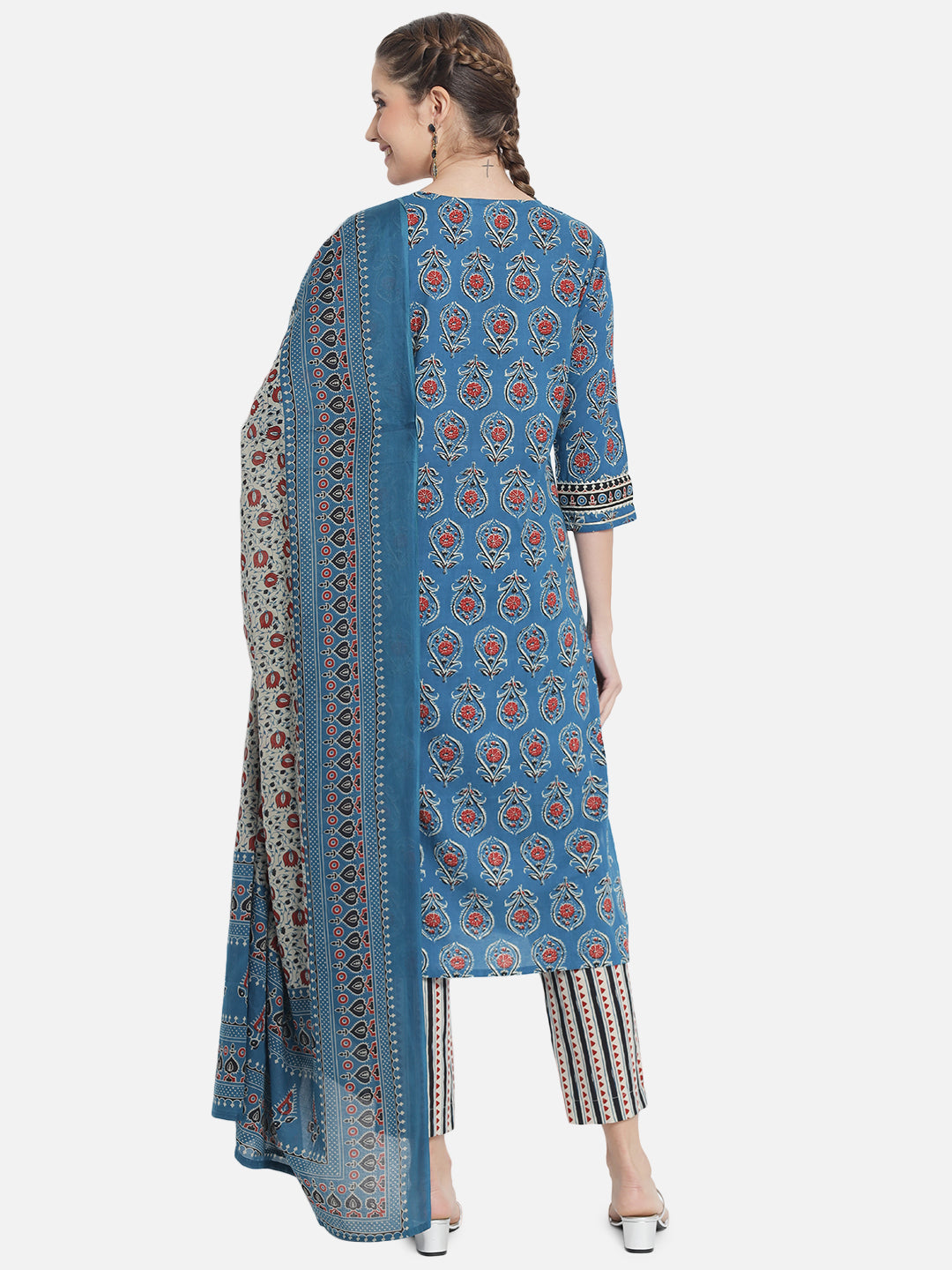 Women's Blue Floral Printed Pure Cotton Kurta With Trousers & With Dupatta - Meeranshi