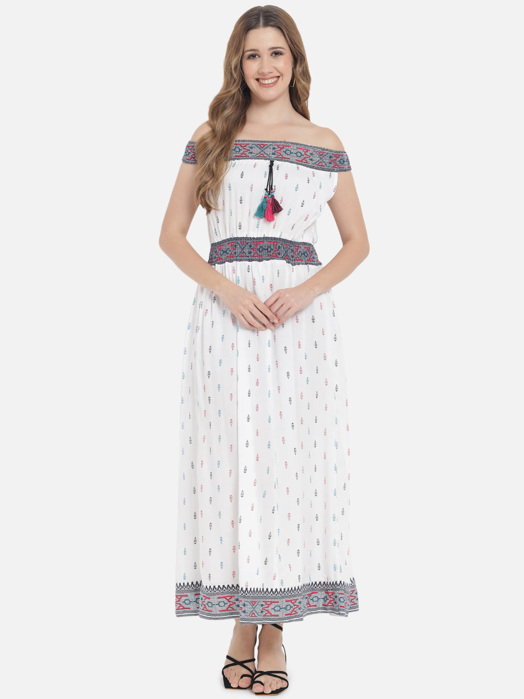 Women's White and Multi colour printed flared maxi dress - Meeranshi