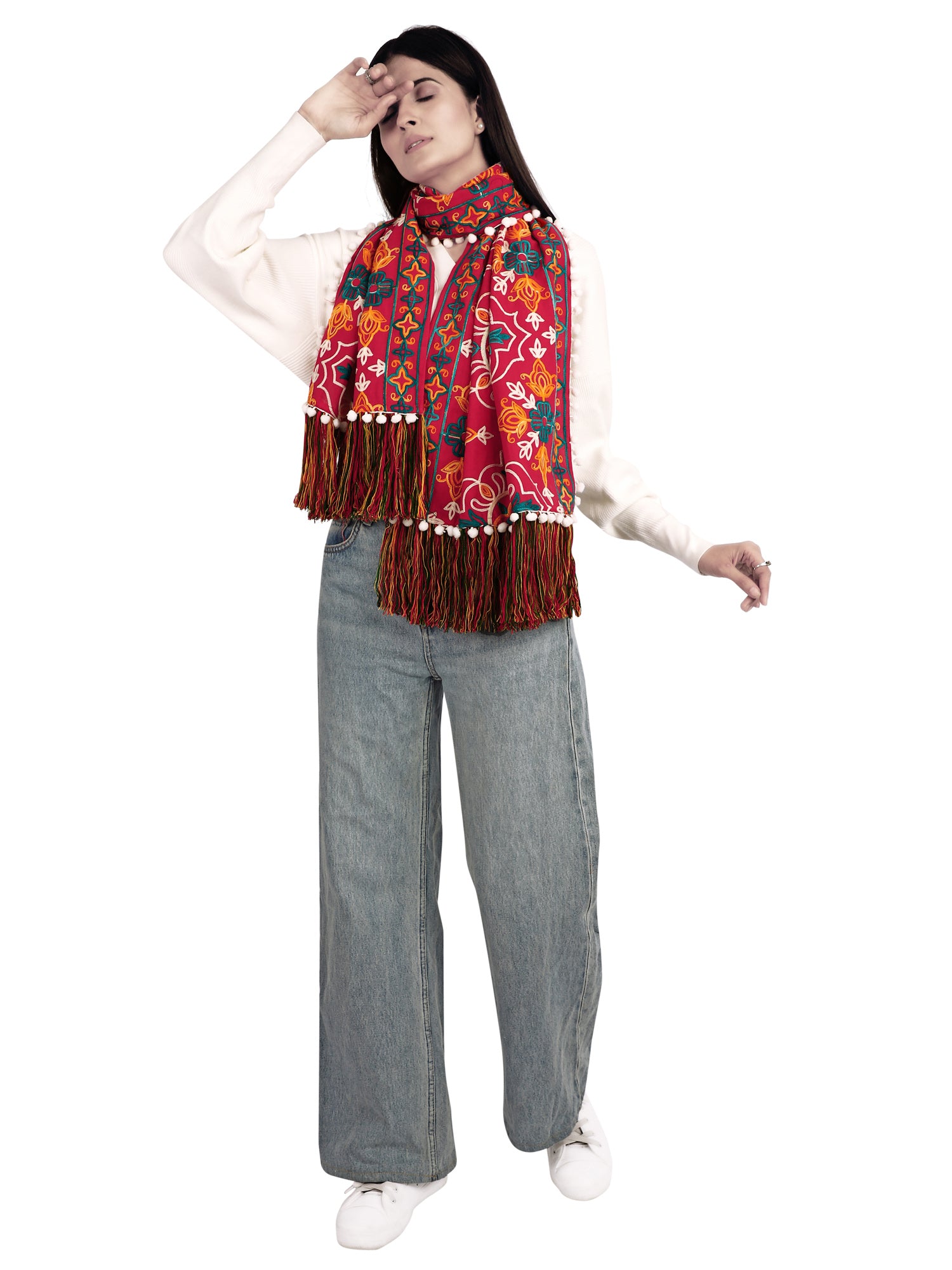 Women's Red Woollen Heavily Embroidered Khadi Muffler - MESMORA FASHION