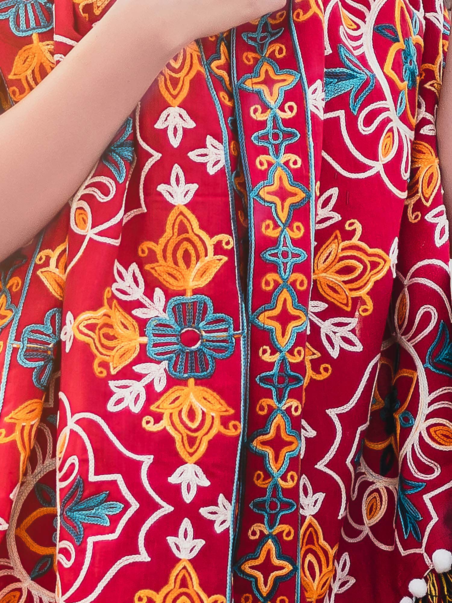Women's Red Woollen Heavily Embroidered Khadi Muffler - MESMORA FASHION