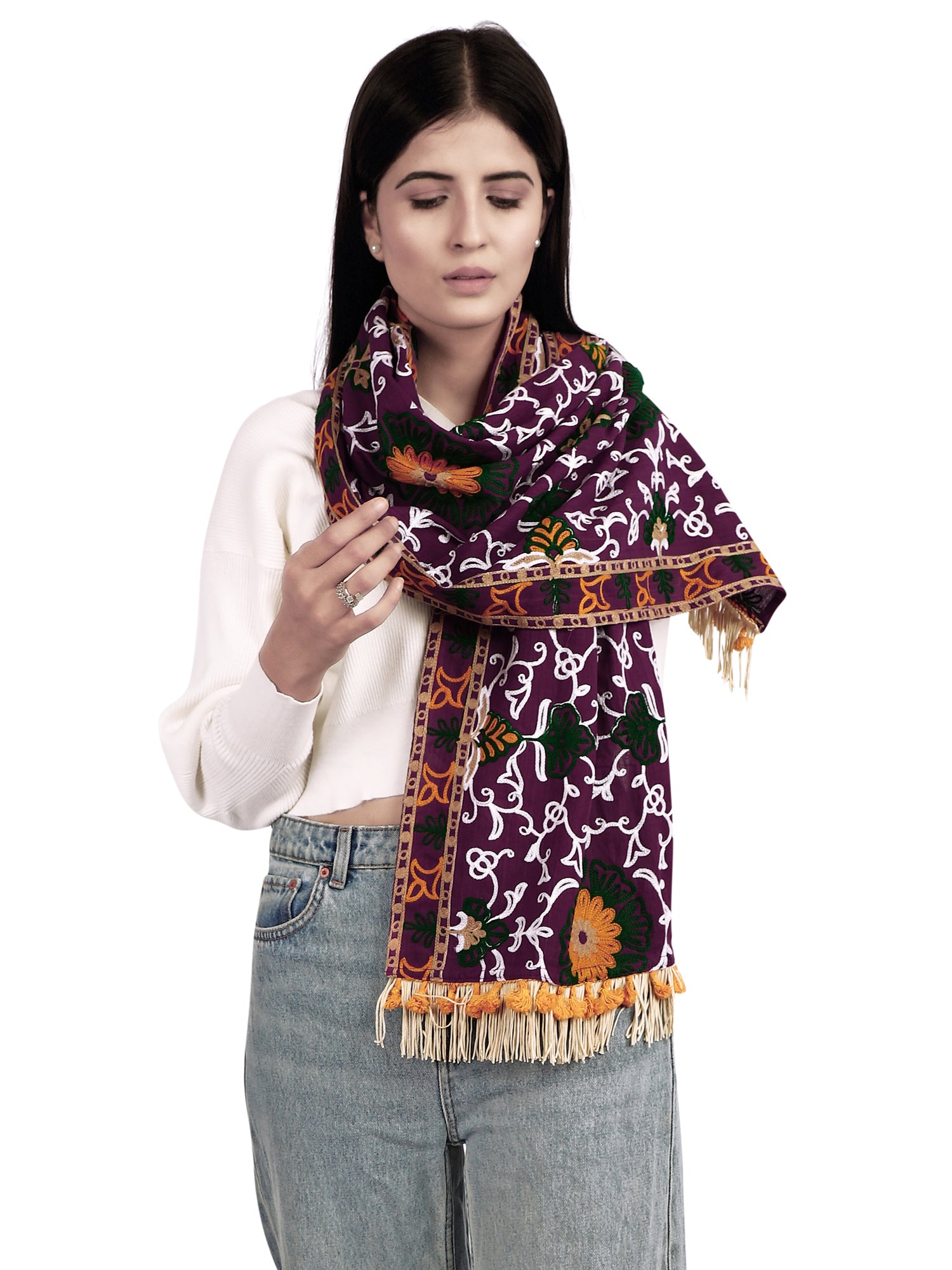 Women's Heavily Woollen Embroidered Purple Khadi Muffler - MESMORA FASHION