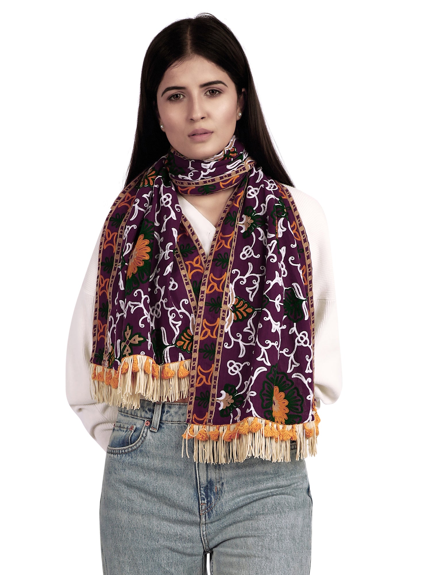 Women's Heavily Woollen Embroidered Purple Khadi Muffler - MESMORA FASHION