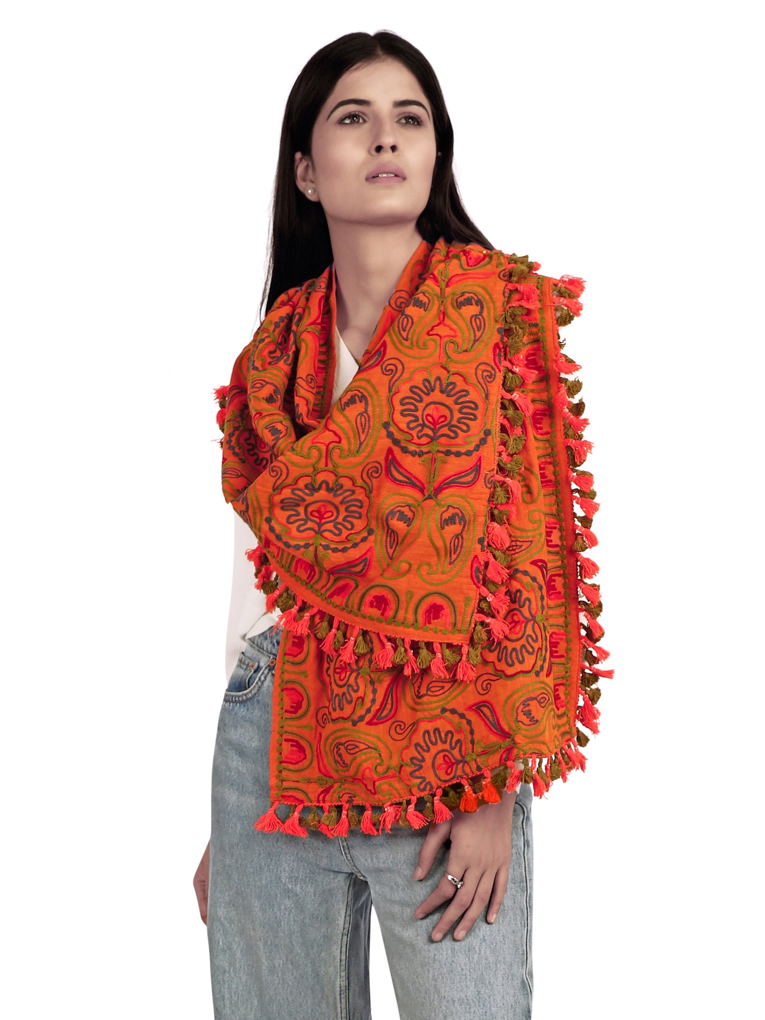 Women's Mono Orange Woollen Embroidered Khadi Muffler - MESMORA FASHION