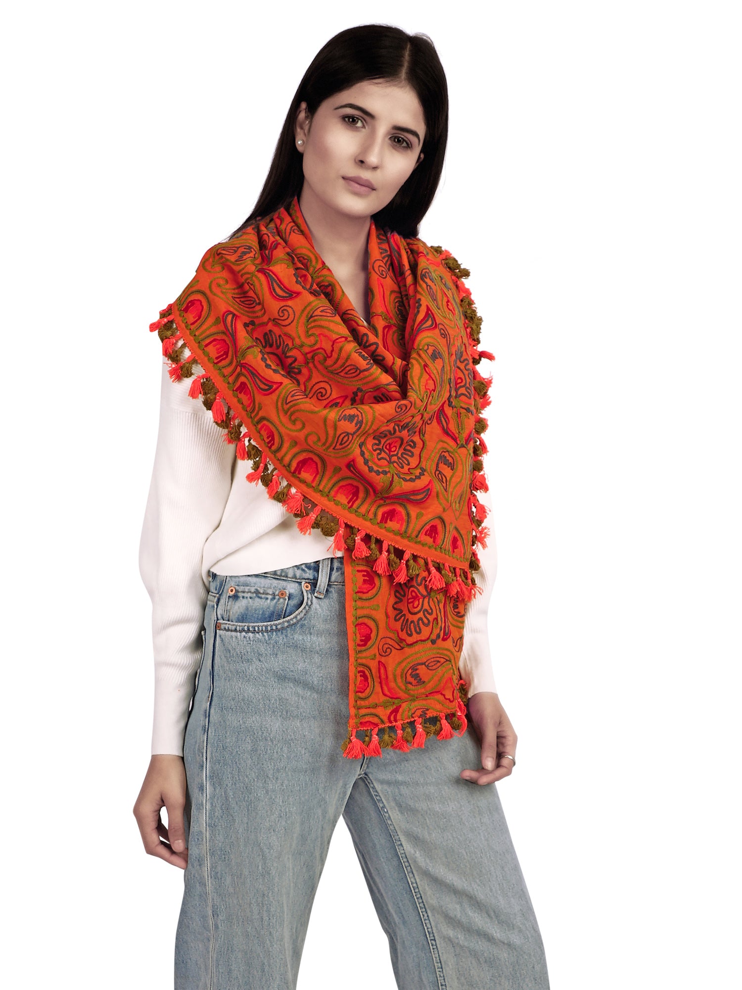 Women's Mono Orange Woollen Embroidered Khadi Muffler - MESMORA FASHION