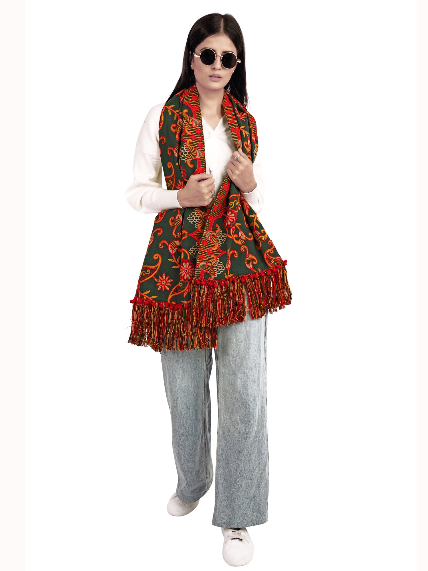Women's Deep Green Woollen Heavily Embroidered Khadi Muffler - MESMORA FASHION