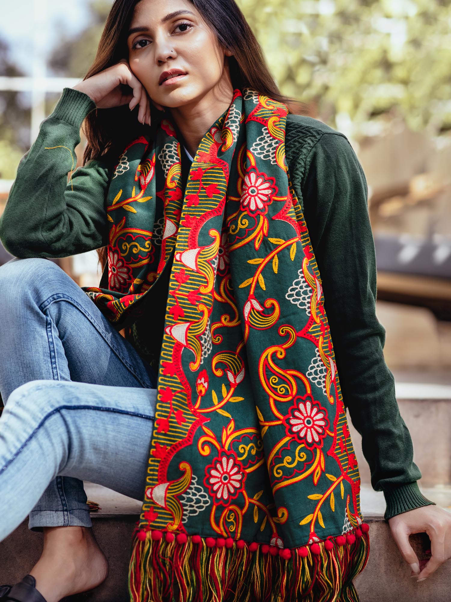 Women's Deep Green Woollen Heavily Embroidered Khadi Muffler - MESMORA FASHION