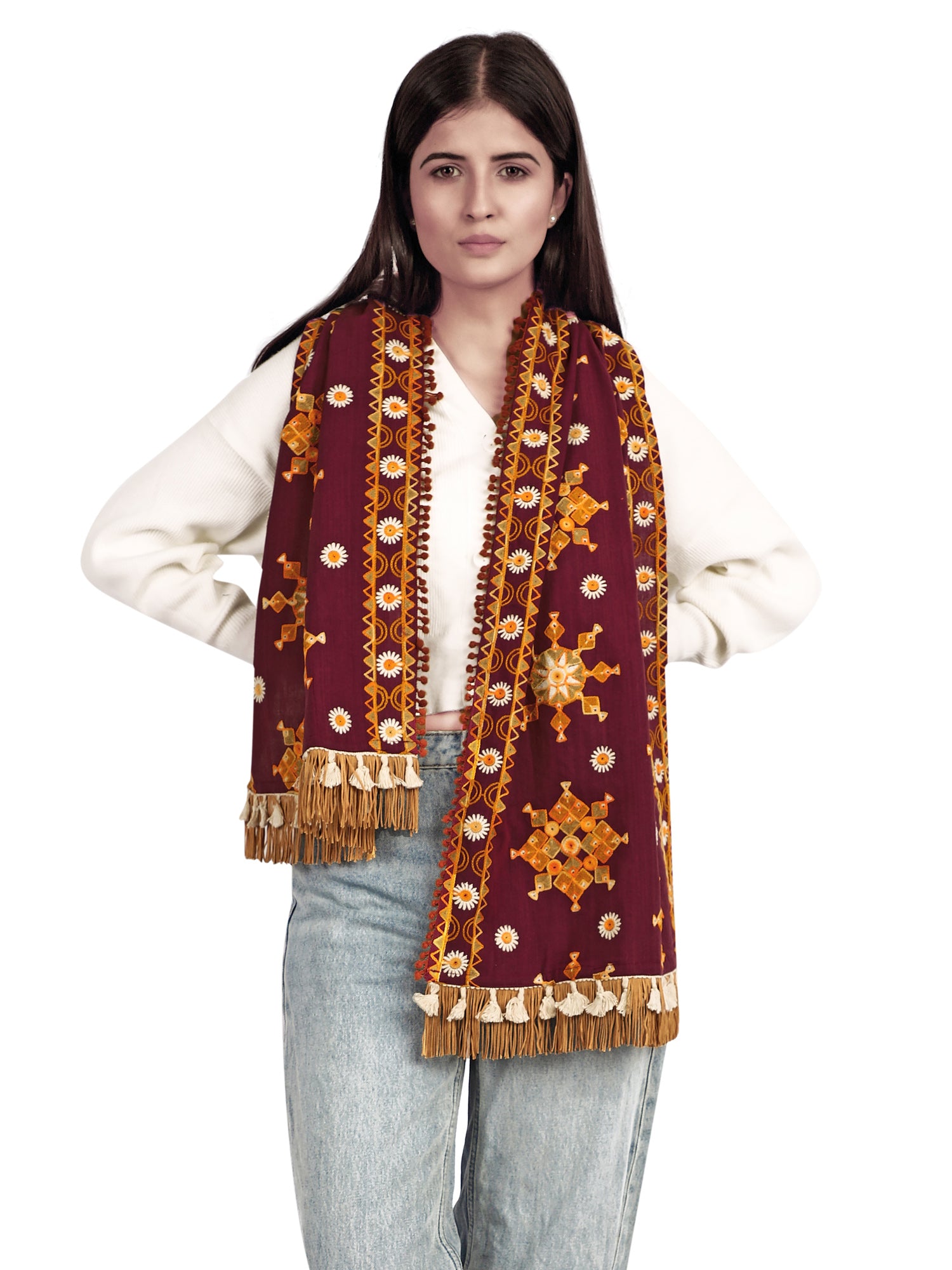 Women's Deep Wine Snow Flake Woollen Embroidered Khadi Muffler - MESMORA FASHION