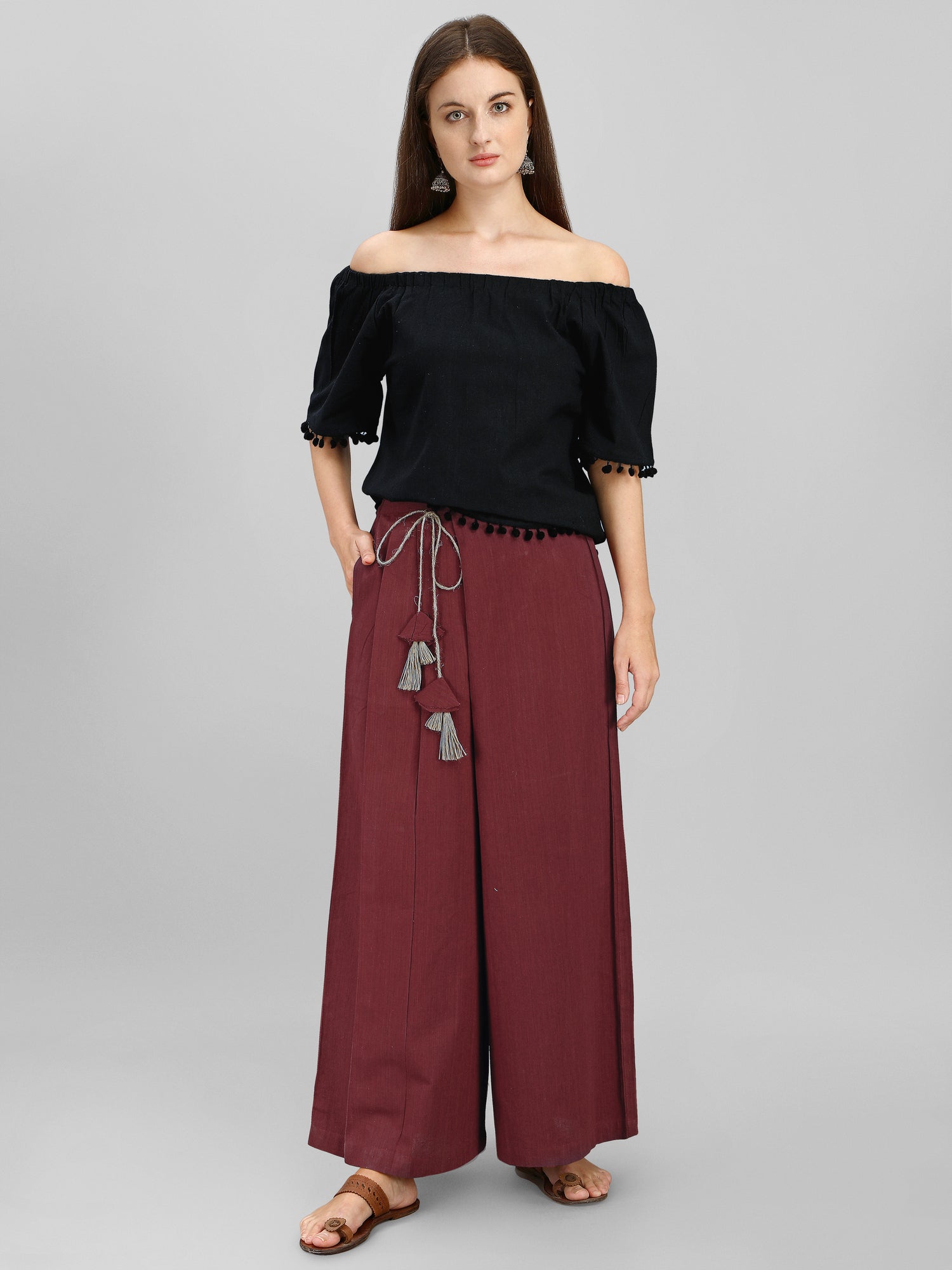 Women's Wine Skirt Pants Co-ordinated Set With Black Top - MESMORA FASHION