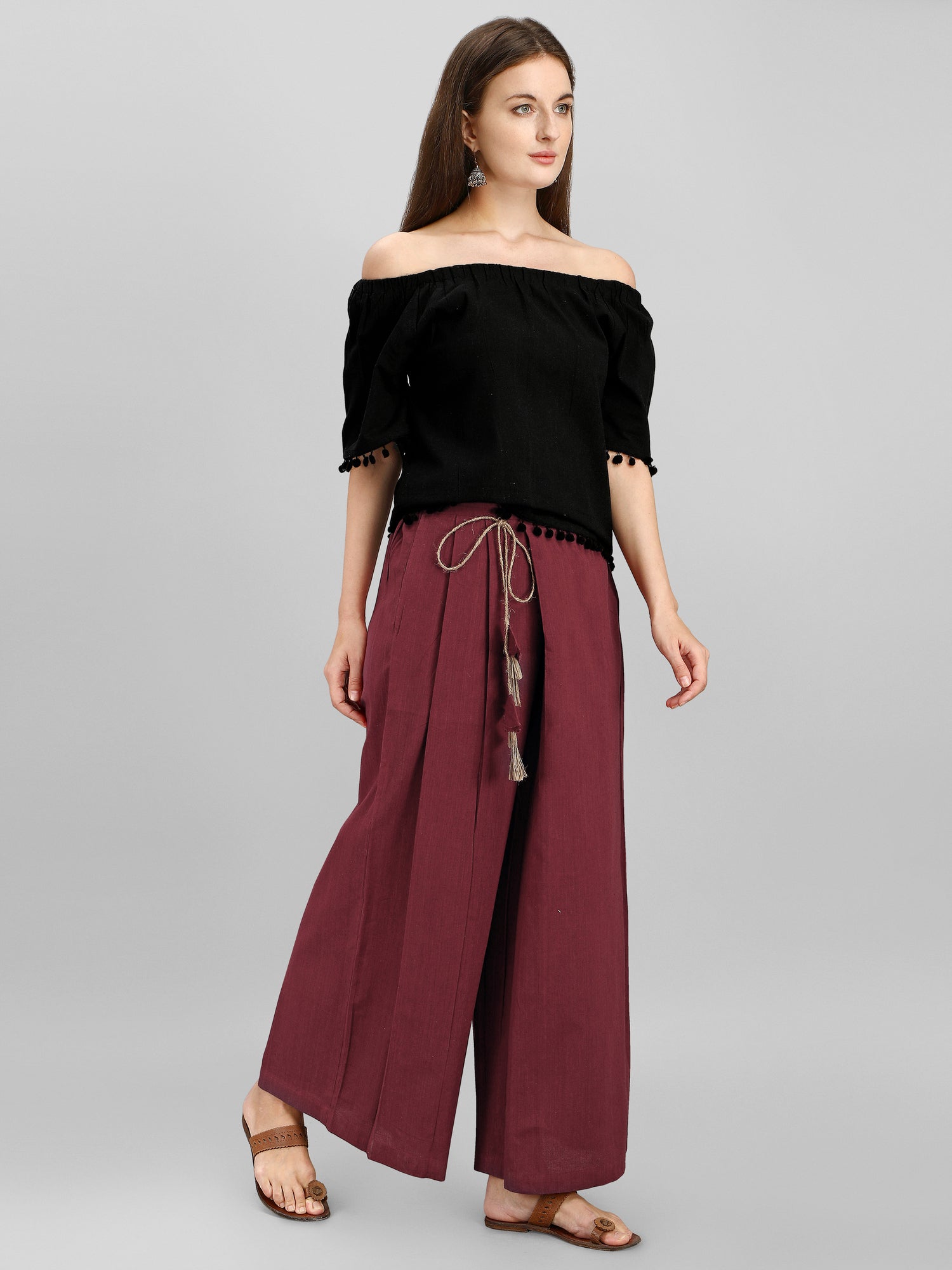 Women's Wine Skirt Pants Co-ordinated Set With Black Top - MESMORA FASHION