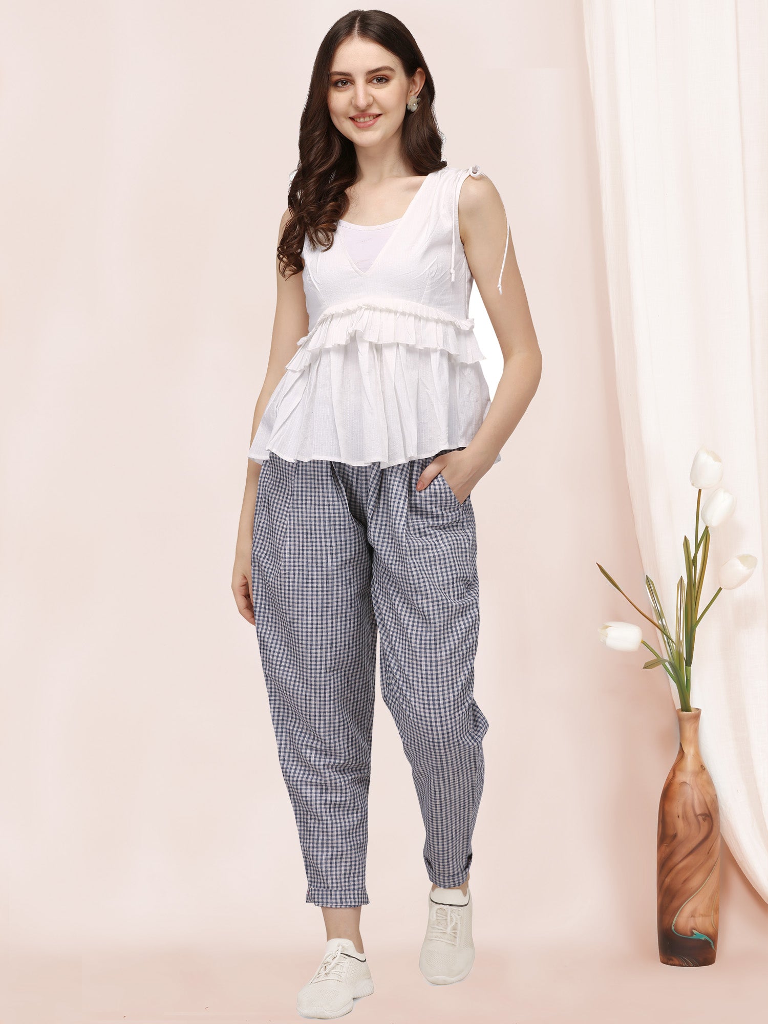 Women's White Sleeveless Ruffle Top Paired With Chex Casual Pant A Perfect Co-ordinates set - MESMORA FASHION