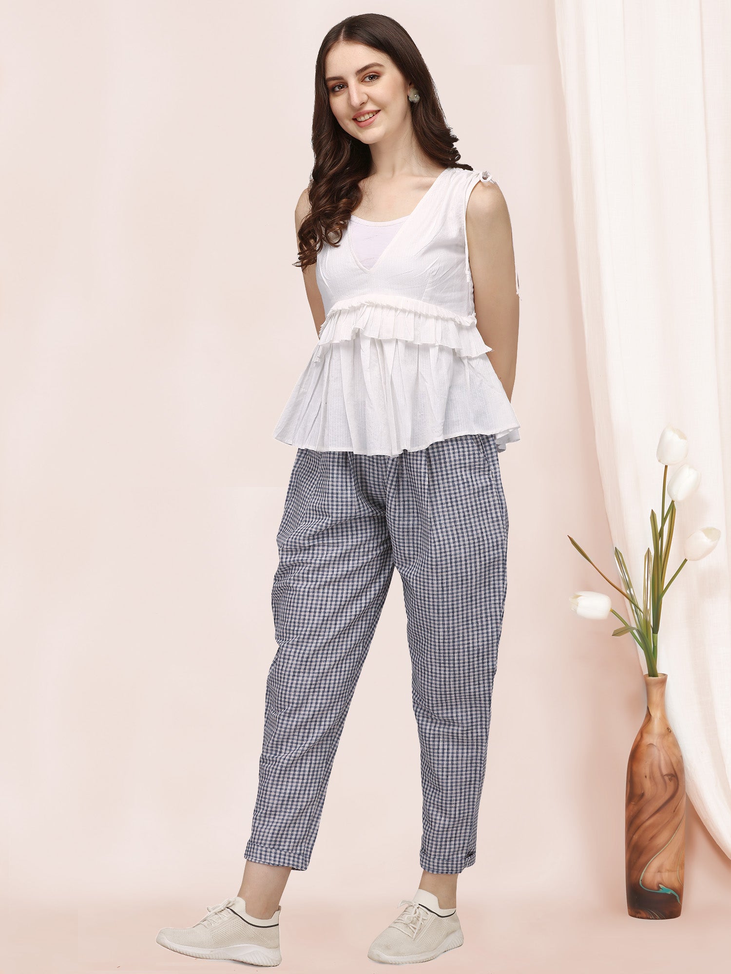 Women's White Sleeveless Ruffle Top Paired With Chex Casual Pant A Perfect Co-ordinates set - MESMORA FASHION