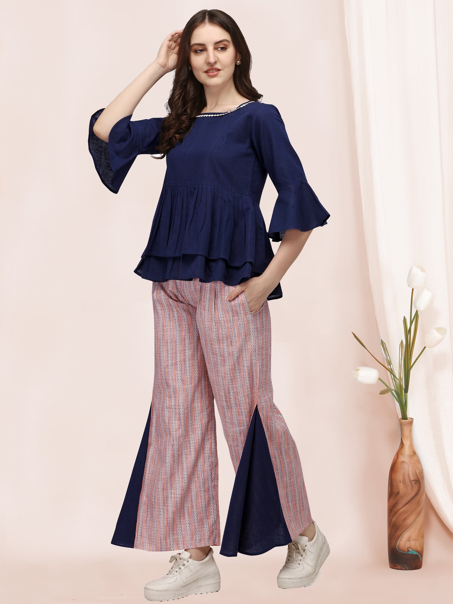 Women's Daily Wear Navy Blue Pleated Peplum Top With Strip Palazzo Pant - MESMORA FASHION