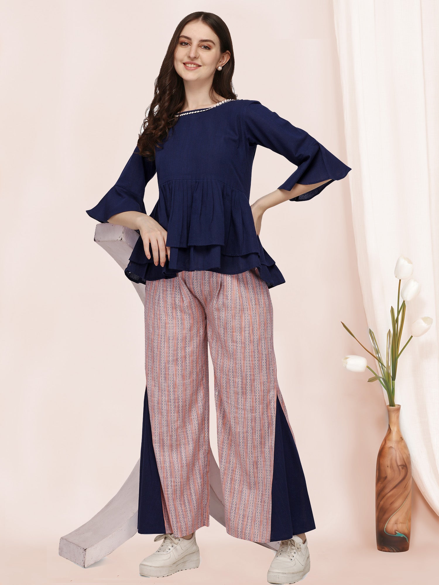 Women's Daily Wear Navy Blue Pleated Peplum Top With Strip Palazzo Pant - MESMORA FASHION