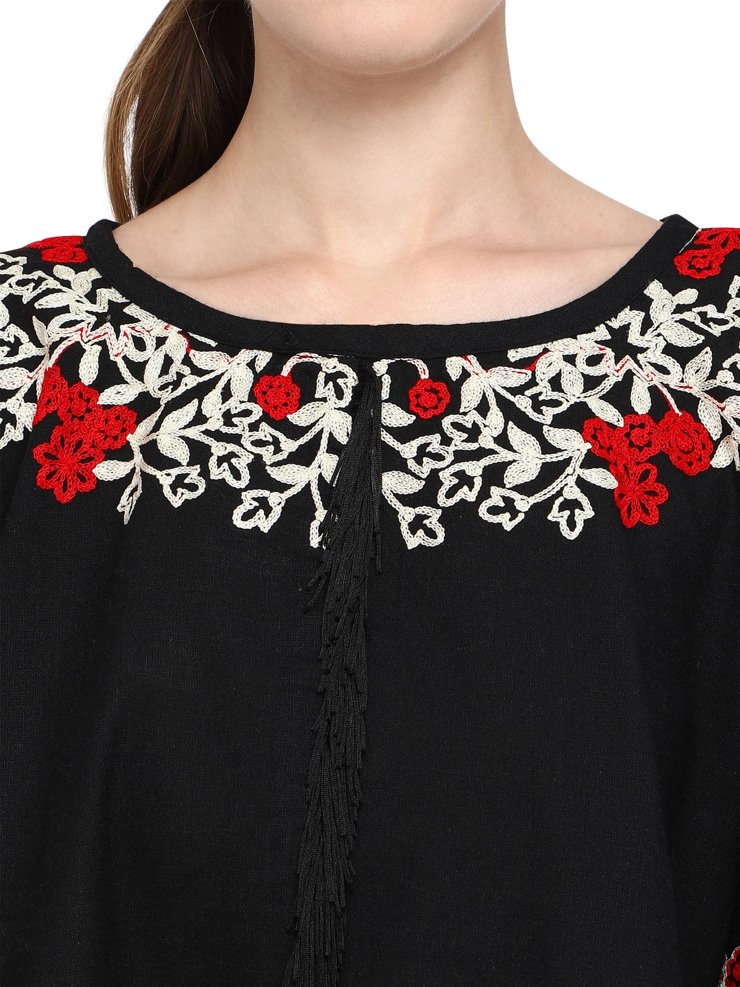Women's  Black Circular Embroidered Khadi poncho with chex - MESMORA FASHION