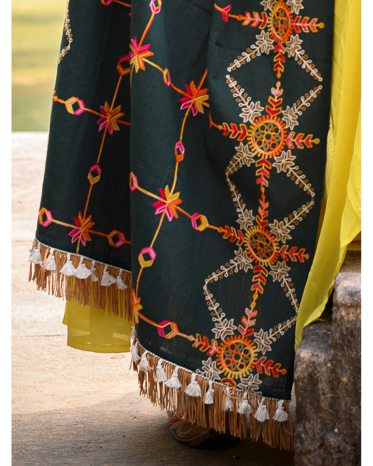 Women's Poison Green Heavily Aari Embroidered Khadi Shawl/Dupatta with Kaccha Tassel Lace - MESMORA FASHION
