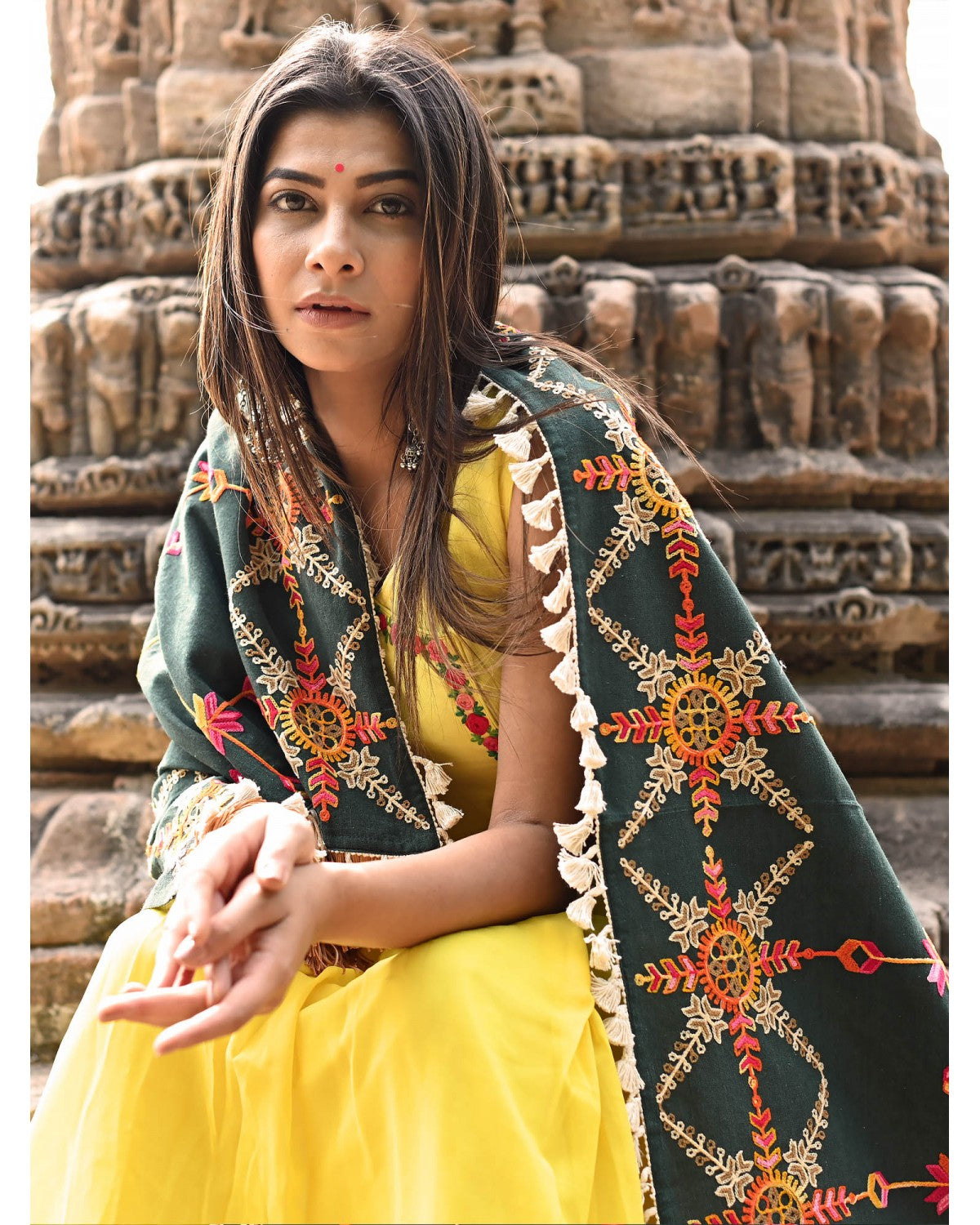 Women's Poison Green Heavily Aari Embroidered Khadi Shawl/Dupatta with Kaccha Tassel Lace - MESMORA FASHION