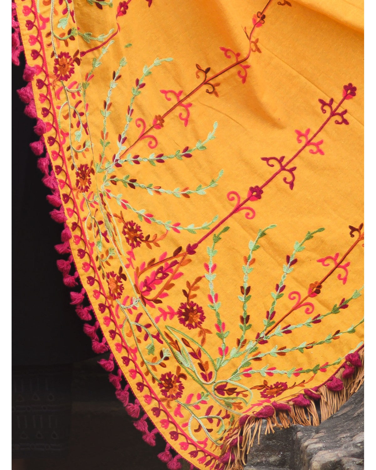 Women's Mustard Floral Aari Embroidered Khadi Shawl/Dupatta With Wine Cotton Tassel Lace - MESMORA FASHION