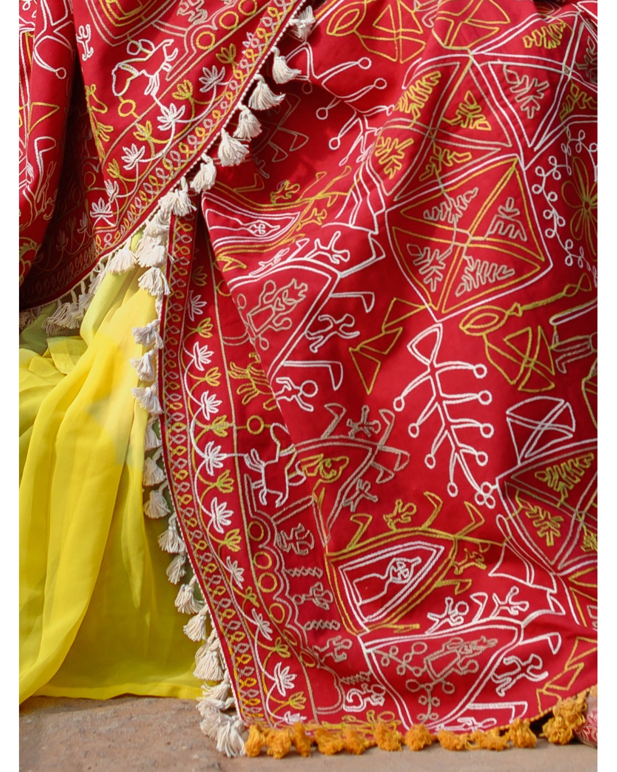 Women's Red Tribal Motif Aari Embroidered Khadi Shawl/Dupatta With Lemon Cotton Lace - MESMORA FASHION