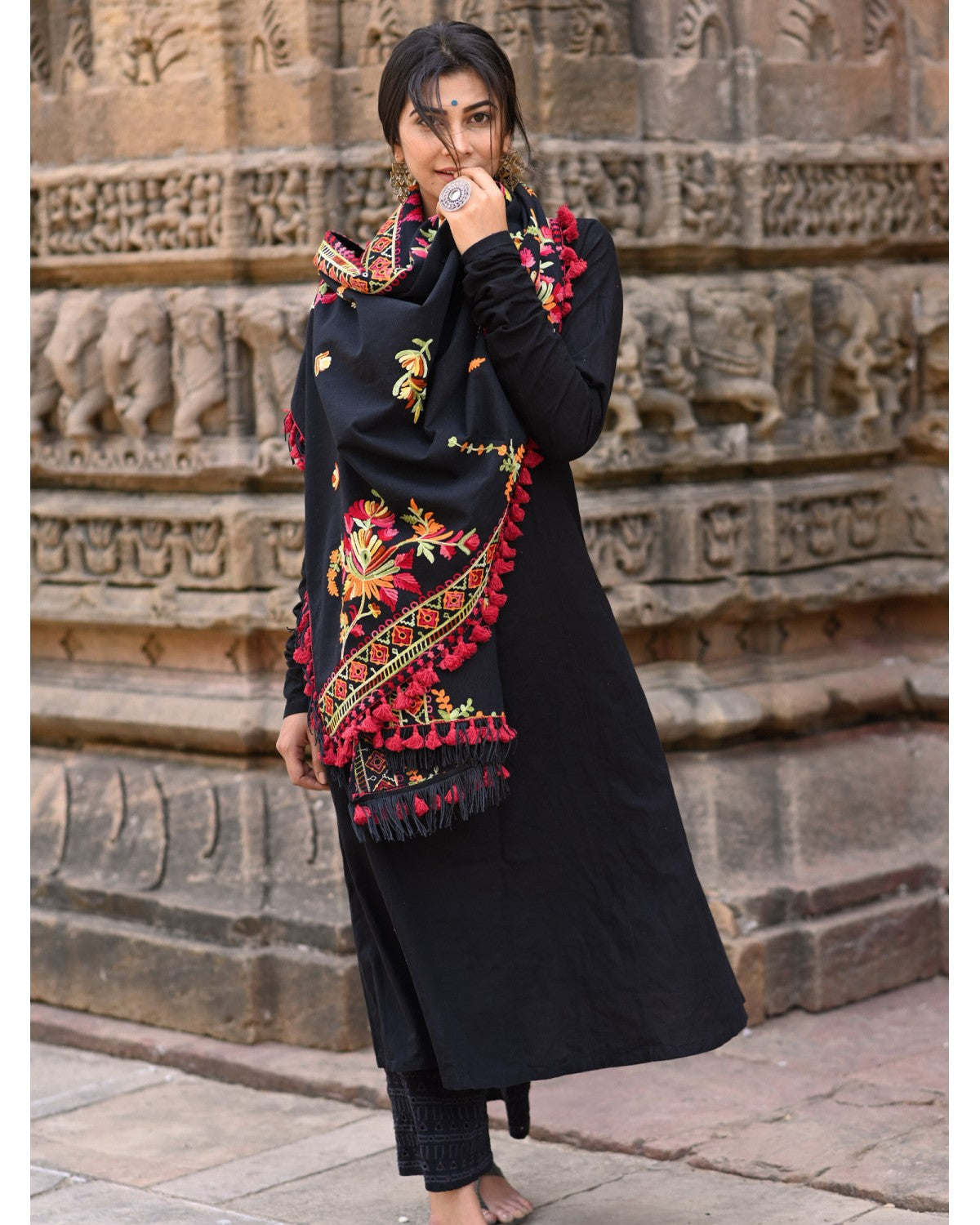 Women's Black Kashmiri Motif Aari Embroidered Khadi Shawl/Dupatta With 
Crimson Red Cotton Tassel - MESMORA FASHION