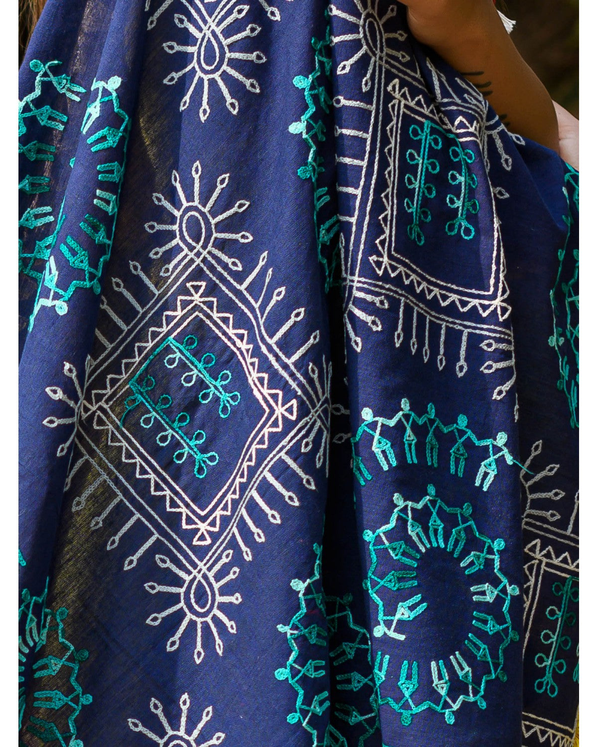 Women's Navy Blue Warli Tribal Motif Aari Embroidered Khadi Shawl/Dupatta With 
Kaccha Tassel Lace - MESMORA FASHION