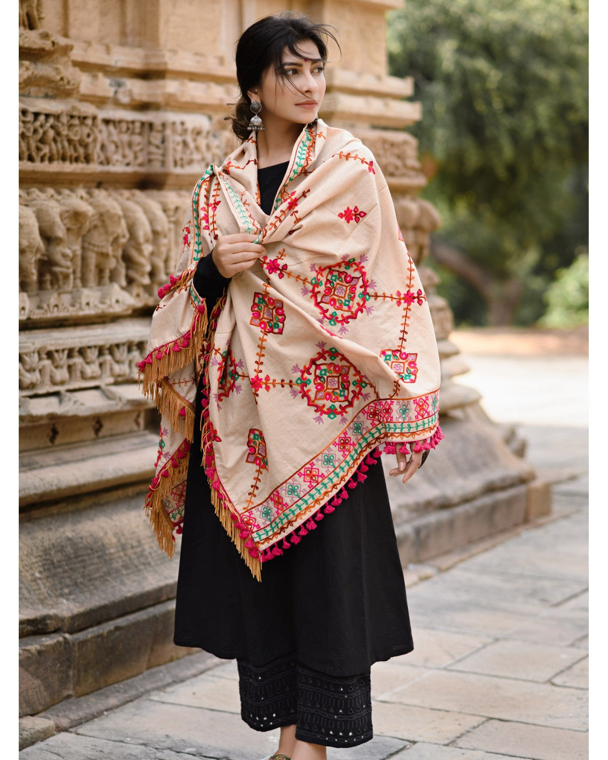 Women's Beige Floral Motifs Aari Heavily Embroidered Khadi Shawl/Dupatta With 
Rani Tassel Lace - MESMORA FASHION